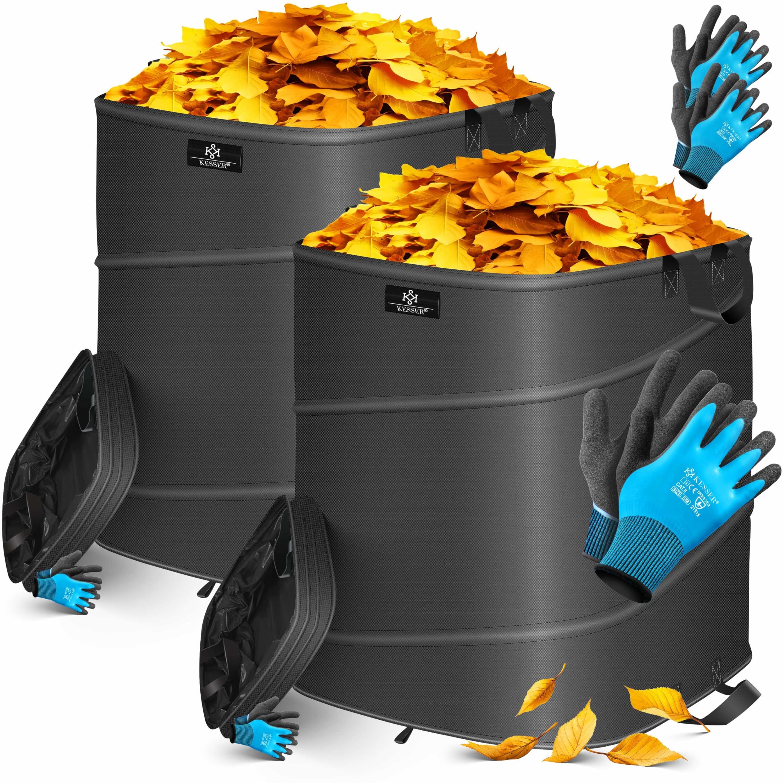 KESSER® Pop-Up-Gartensack Laubsack Gartenabfallsack inkl. Handschuhe | Selbststehend mit Griffen & Faltbar | Laubsäcke Rasenschnitt Gartensäcke für Gartenabfälle (Anthrazit/Schwarz, 2x 175 Liter)