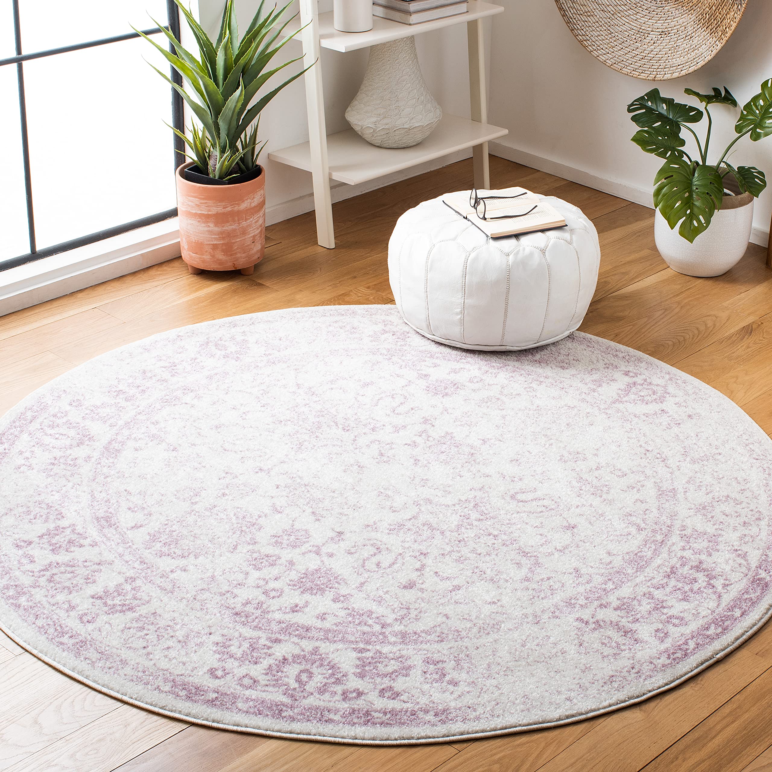 SAFAVIEH Adirondack Collection Area Rug - 4' Round, Ivory & Lavender, Distressed Vintage Floral Design, Non-Shedding & Easy to Clean, Ideal for Living