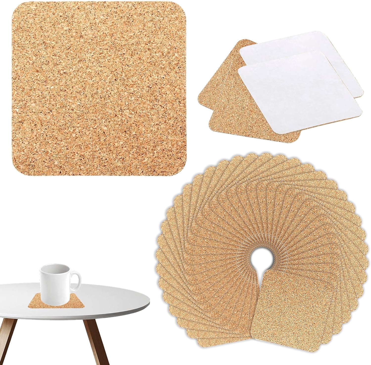 60 Pcs Self Adhesive Cork Coasters Square Rounded Corner 4 x 4 Cork Mats Backing Sheets for DIY Coasters Crafts Backing Tiles Supplies(Square)