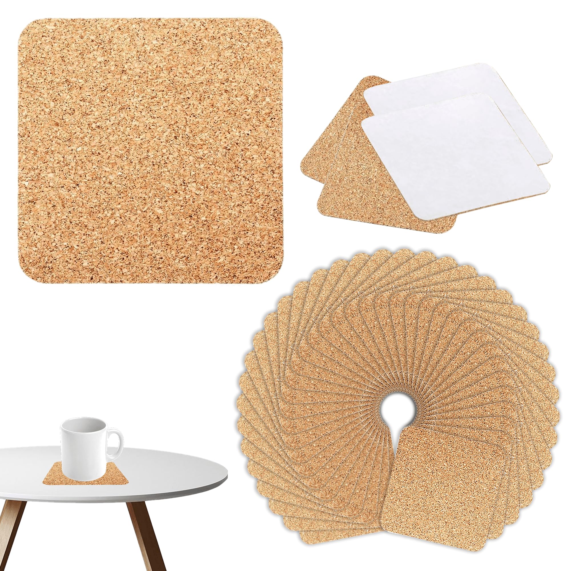 60 Pcs Self Adhesive Cork Coasters Square Rounded Corner 4 x 4 Cork Mats Backing Sheets for DIY Coasters Crafts Backing Tiles Supplies(Square)
