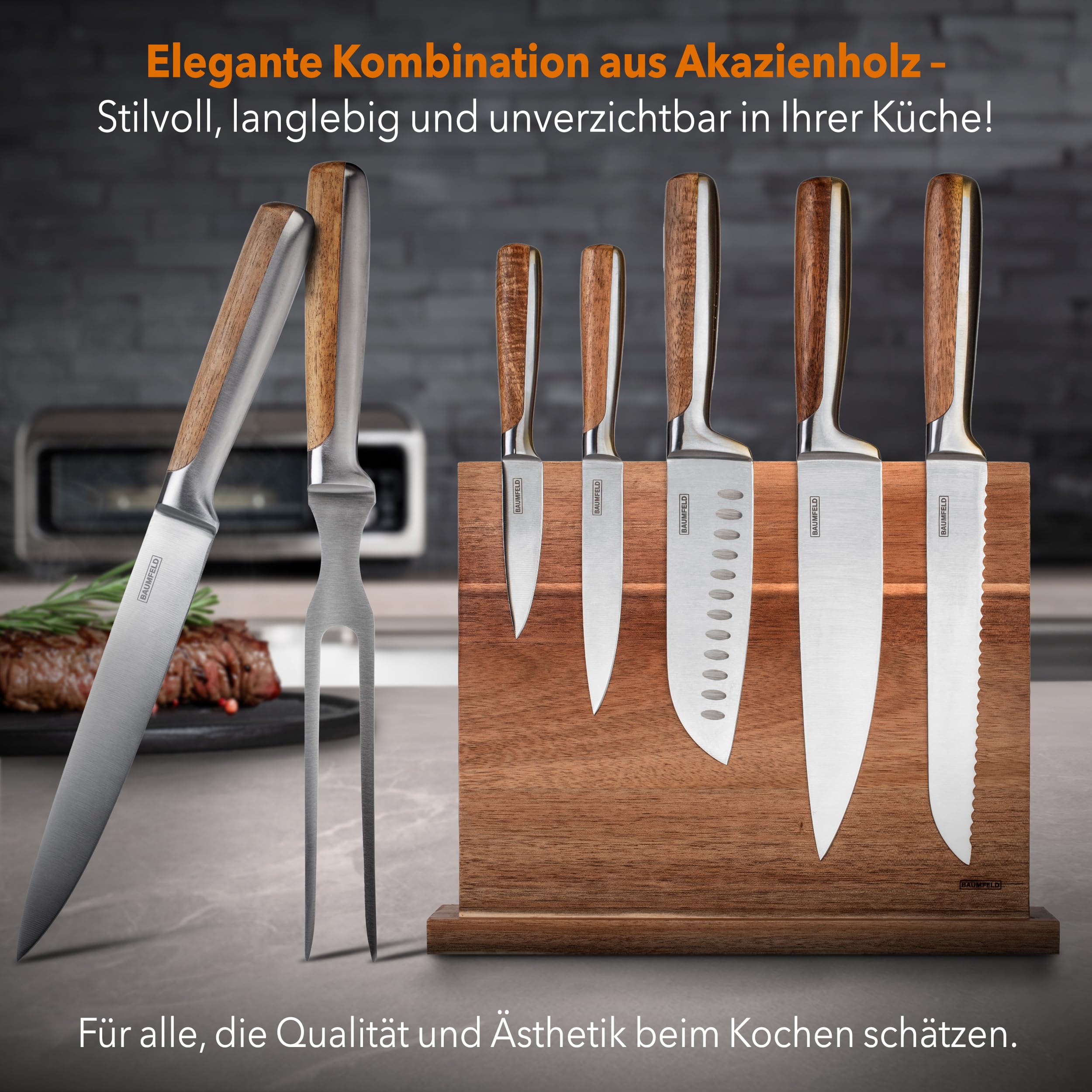 Bundle: 6-teiliges Messerblock-Set und 2-teiliges Tranchierbesteck (Silber)