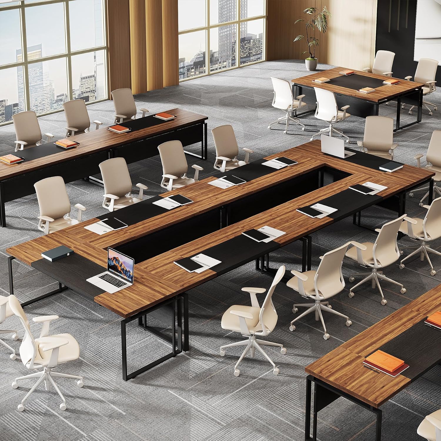 Tribesigns 63" Modern Conference Table with Splicing Board, 5FT Meeting Tables for Home Office, Business Training Seminar Table with Stylish Metal Legs (Only Table) (Walnut & Black)
