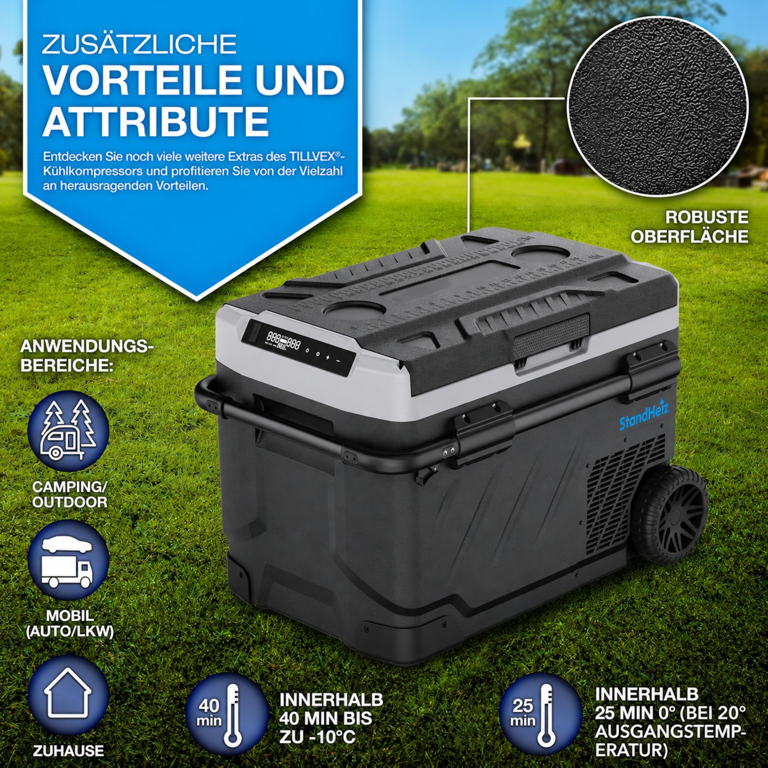 Kompressor Kühlbox 41L – Tragbarer Mini Kühlschrank mit Rollen & Teleskopgriff, 12V 24V 230V für Auto, Camping & Wohnmobil, App-Steuerung, Dual-Zone, Schwarz-Grau, LKW, PKW, Wohnmobil