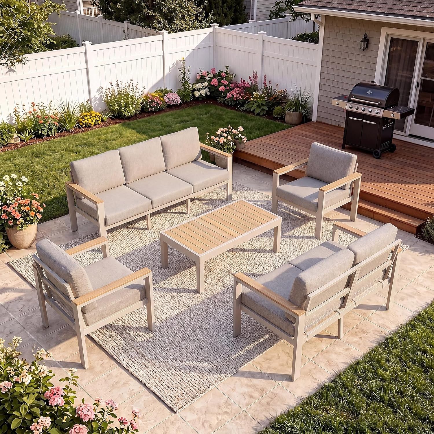 7-Seater Beige Aluminum Patio Conversation Set, Outdoor Sectional Sofa Set with Coffee Table, 1.5mm Thick Powder-Coated Frame, Weather Resistant Outdoor Furniture with Washable Waterproof Cushions