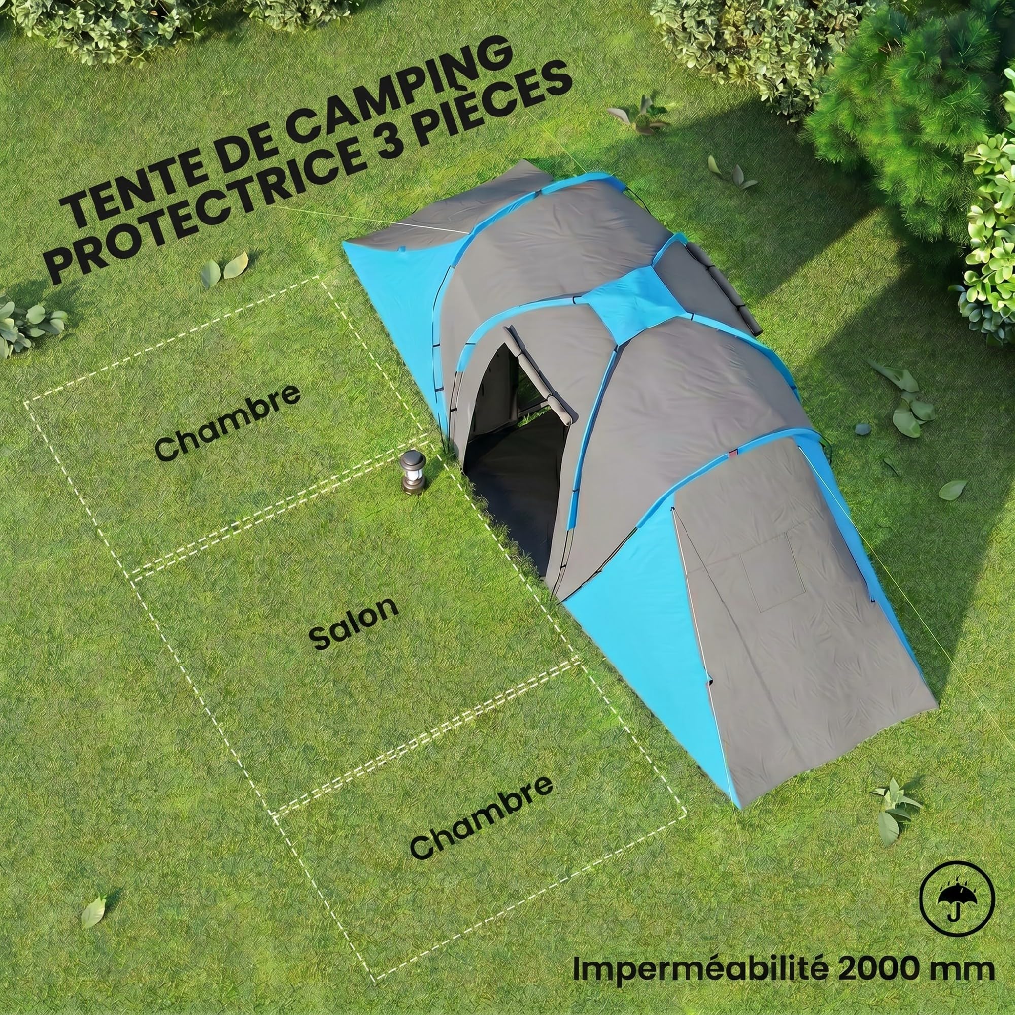 Outsunny Tenda a tunnel ventilata 4-6 Pers. 5,55 x 2,25 x 1,9 m, blu e grigio scuro | Campeggio familiare, 4 posti, leggero, 2 porte grandi, montaggio semplice, fibra di vetro e poliestere