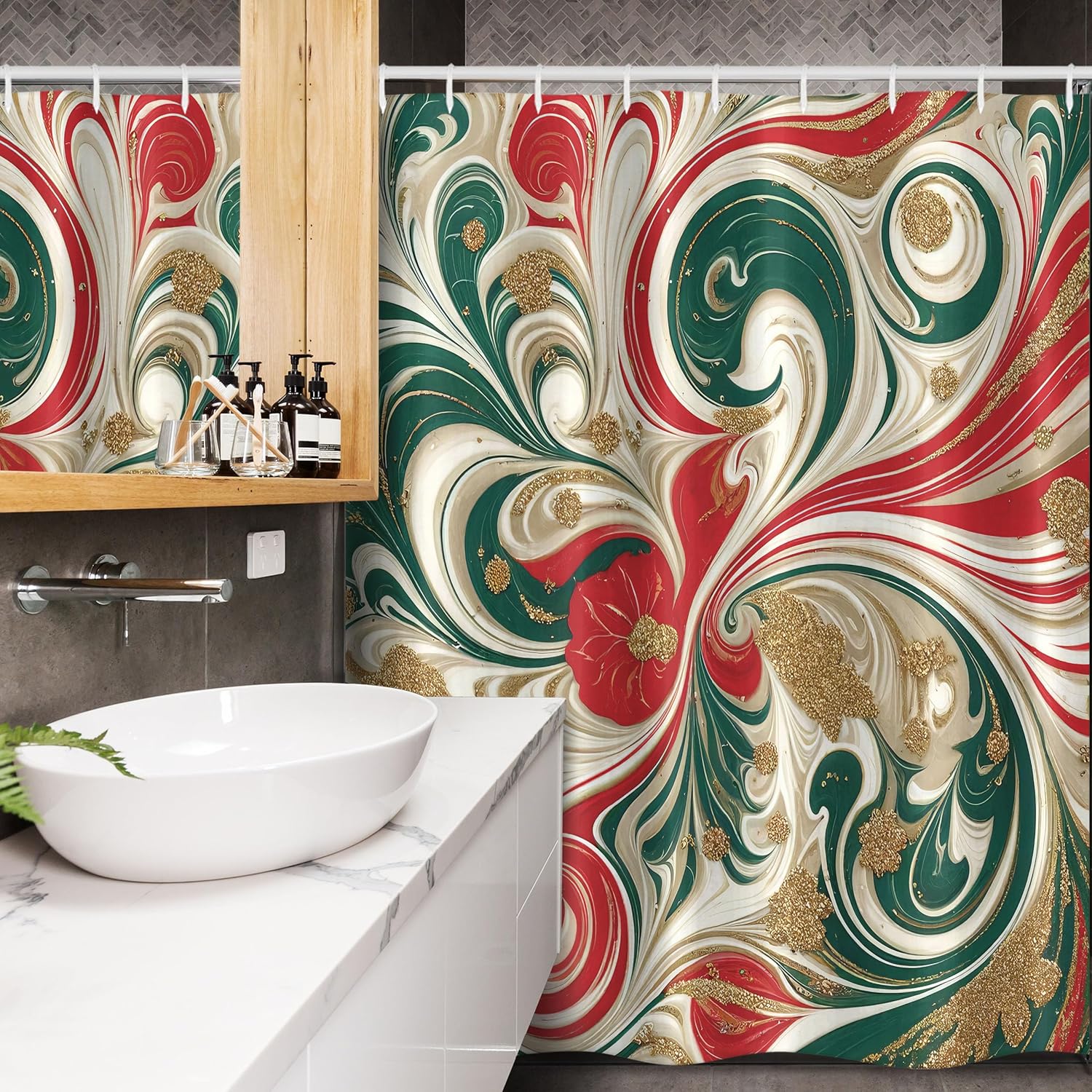 Ambesonne Christmas Stall Shower Curtain, Abstract Winter Feel Marble Print Art with Curling Lines Xmas Modern, Fabric Bathroom Decor Set with Hooks, 54" W x 78" L, Dark Pink Green Ivory