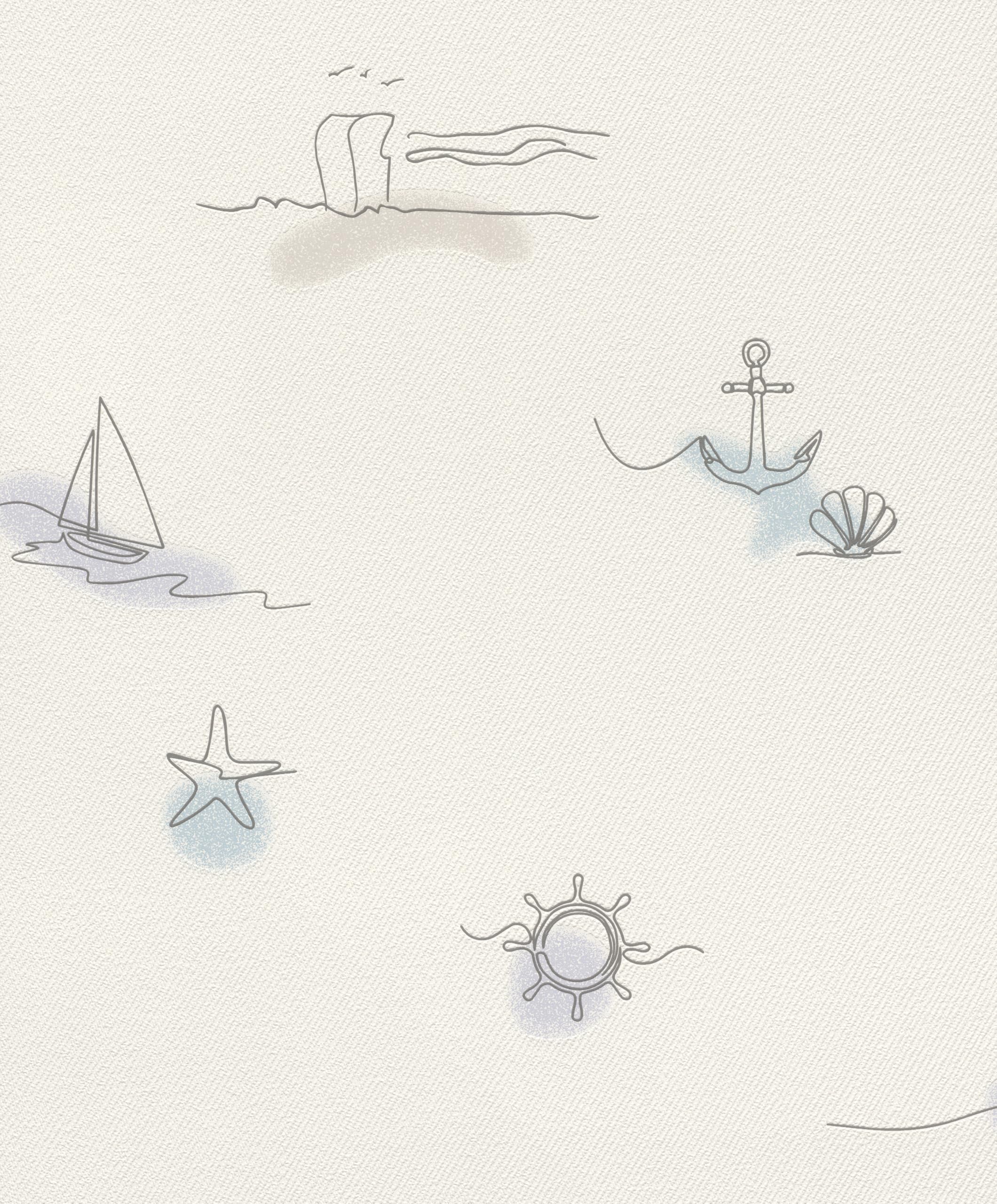 Rasch Blue Non-Woven Wallpaper Anchor, Starfish, Sailboat & Steering Wheel - Textured Wallpaper In For A Maritime Living Ambience - Easy Wallpapering And Paintable - 10.05 M X 0.53 M