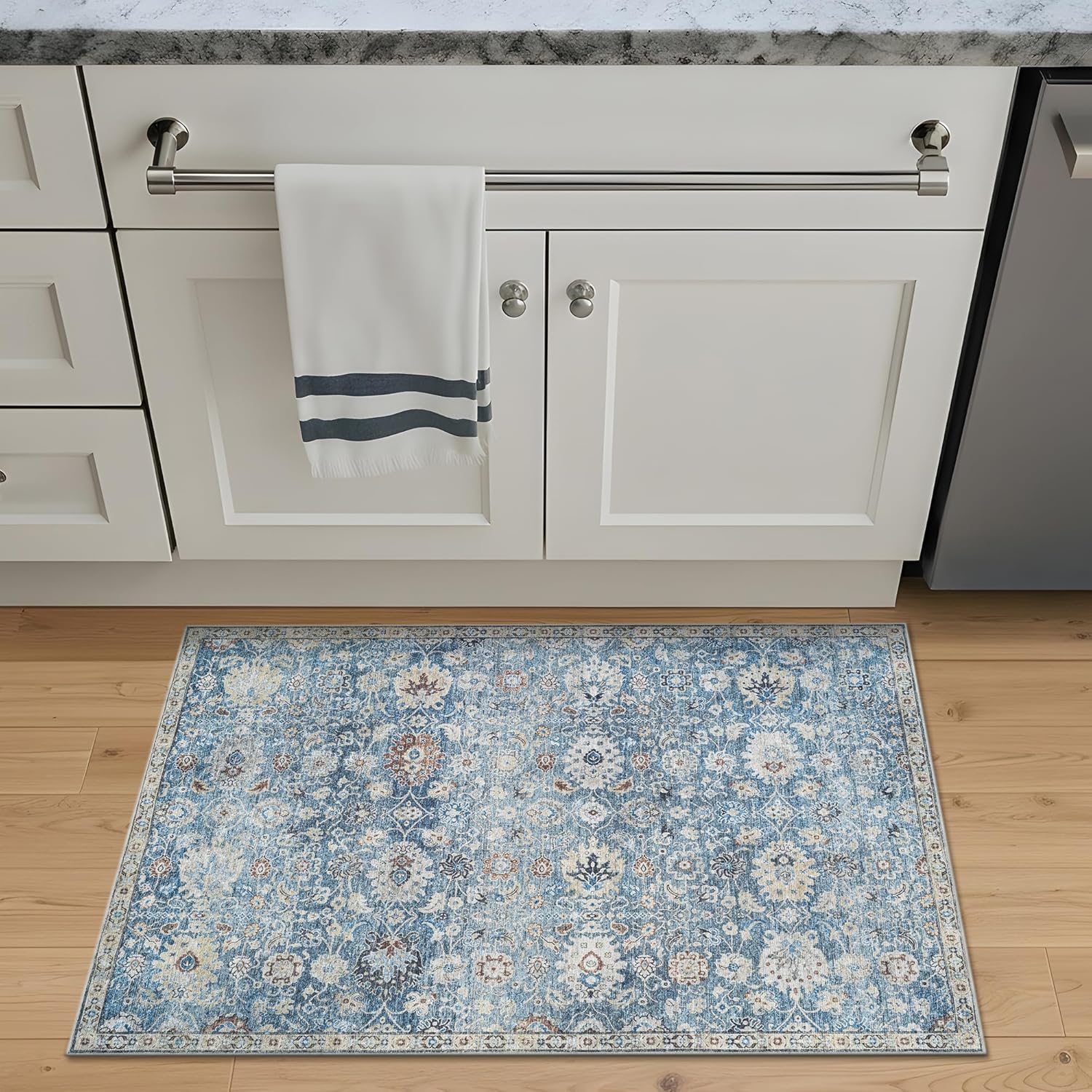 Bloom Rugs Washable Non-Slip 2x3 Rug - Blue/Beige Traditional Oriental Area Rug for Living Room, Bedroom, Dining Room, and Kitchen - Exact Size: 2' x 3'