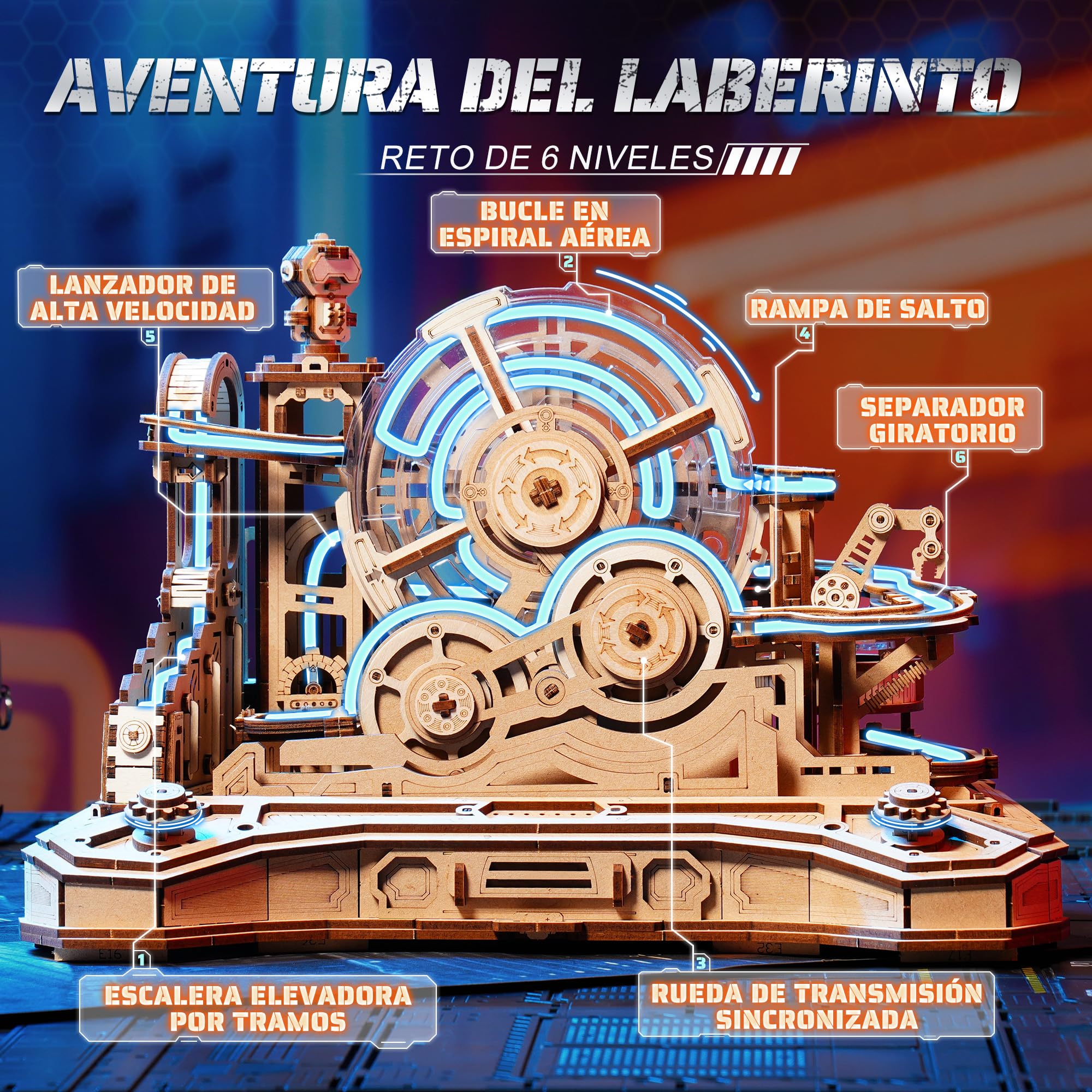 ROBOTIME Gear Ball Challenge EGC01 Puzzle 3D de Madera, Laberinto mecánico de Bola de 653 Piezas con diseño de Mando, Kit DIY para Adultos y Adolescentes 14+