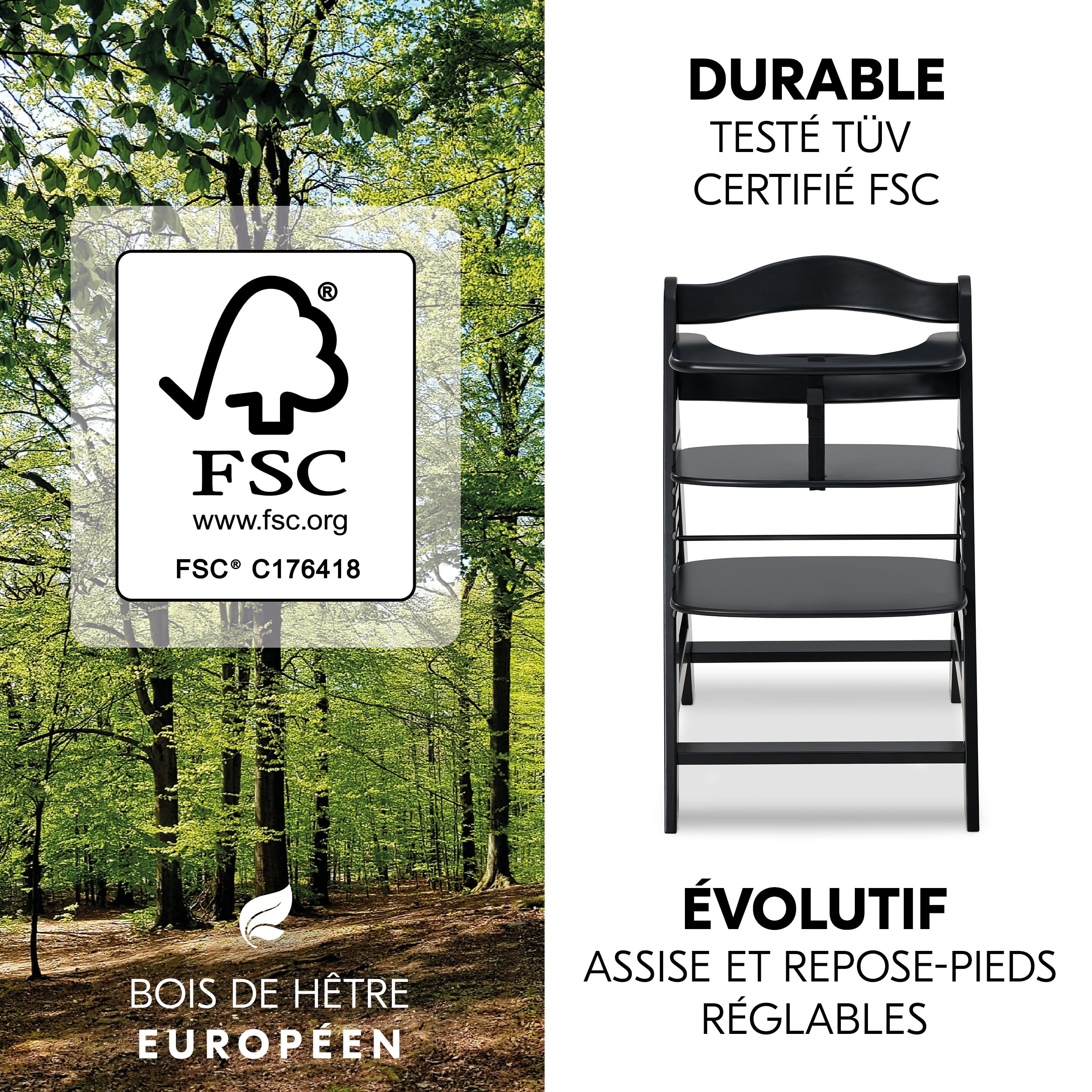 hauck Chaise Haute Bébé Alpha+ avec Siège Nouveau-né Eco – Black | Chaise haute évolutive en bois, de la naissance à 90 kg, inclus assise bébé ergonomique, coussin et harnais