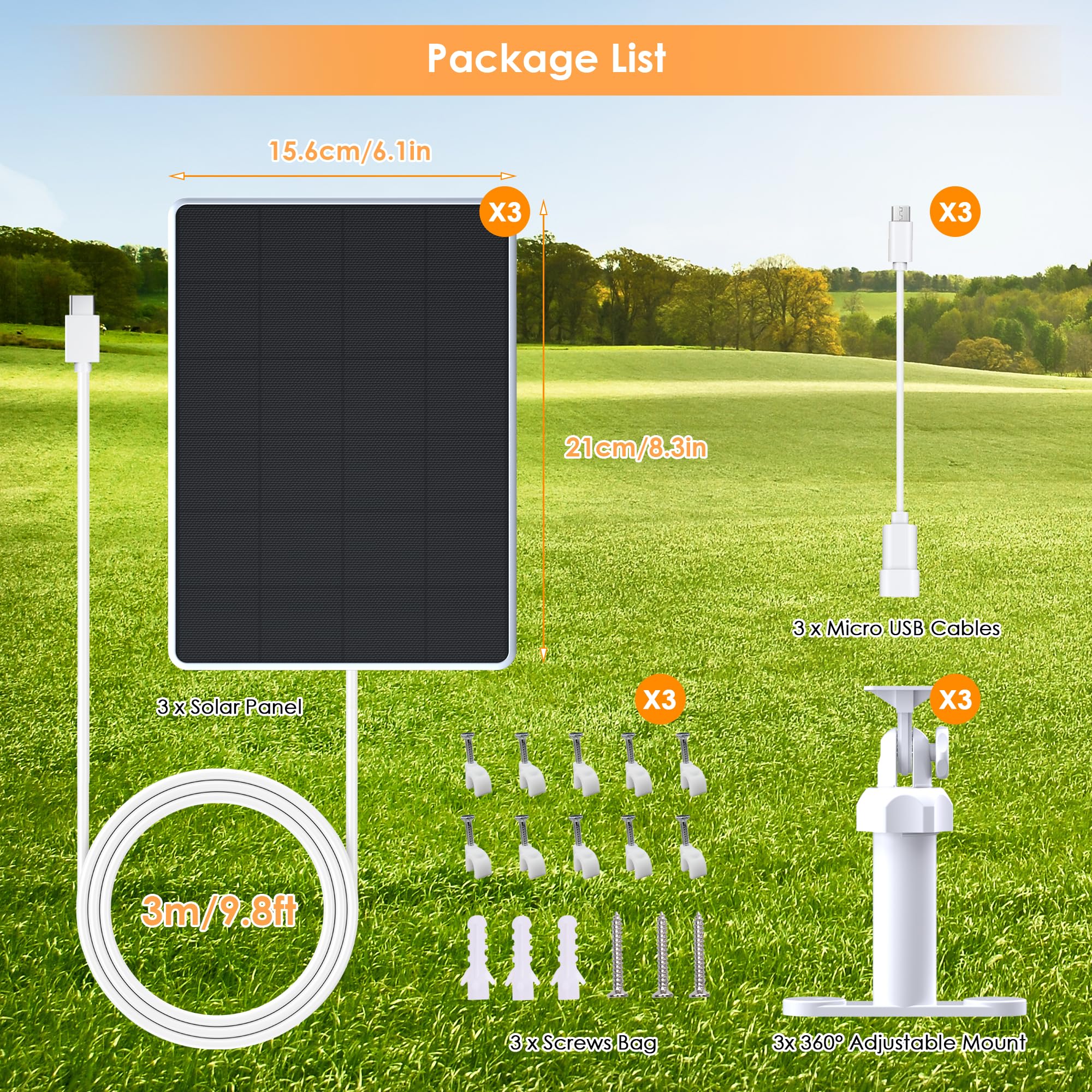 Pannello solare da 6 W per telecamera di sicurezza,Pannelli solari con porta Micro USB e USB-C per fotocamera esterna DC 5V,Caricatore solare per fotocamera a batteria ricaricabile,Impermeabile IP65