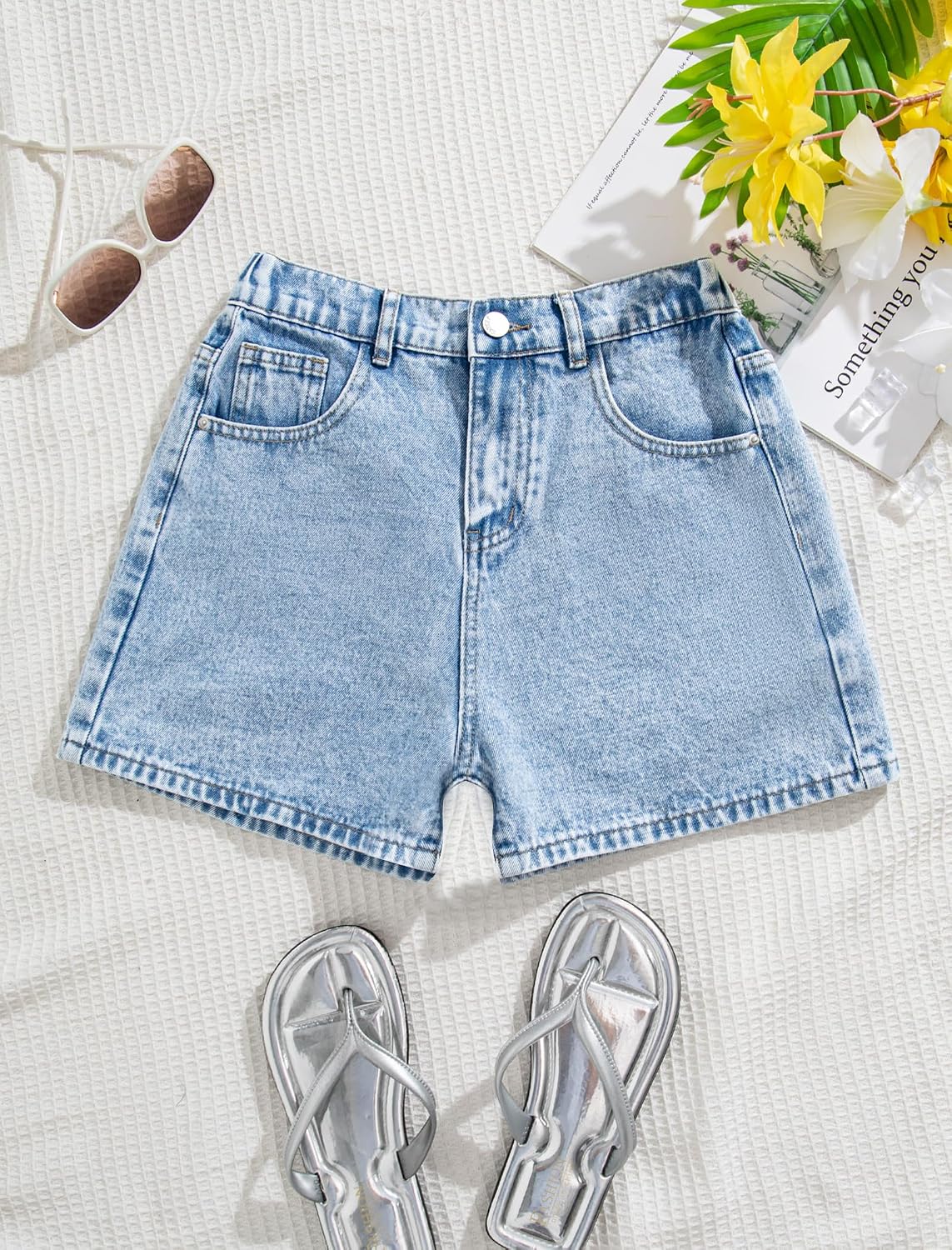 Jean Shorts for Girls Y2k Baggy High Elastic Waisted Cute Bow Embroidery Summer Teens Denim Shorts 13-16Y