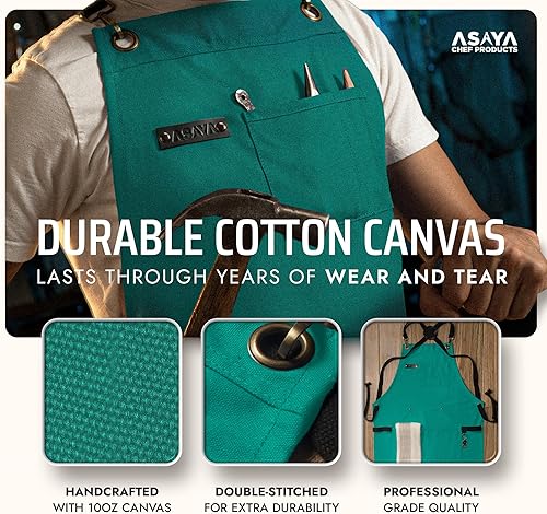Miniatura 59 de Asaya - Delantal de chef para hombres y mujeres más toalla de mano y abrebotellas, de lona de 10 onzas Rojo,Negro,Azul,Azul-Verde,Borgoña,Verde