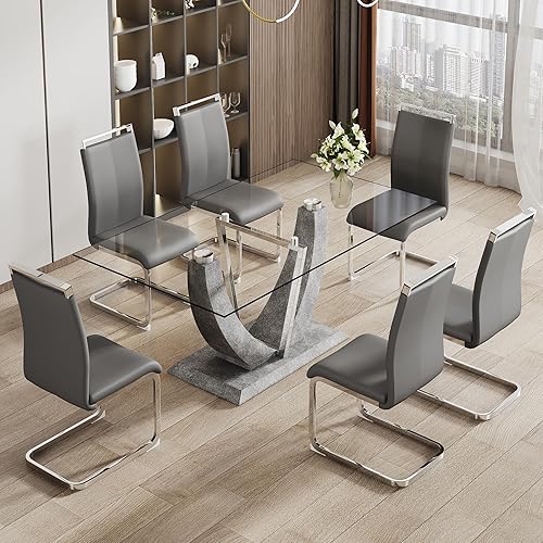 Miniatura 10 de Juego de mesa de comedor de vidrio de 71 pulgadas para 6, mesa de comedor de vidrio moderno, tablero de vidrio templado de 0.39 pulgadas de grosor,