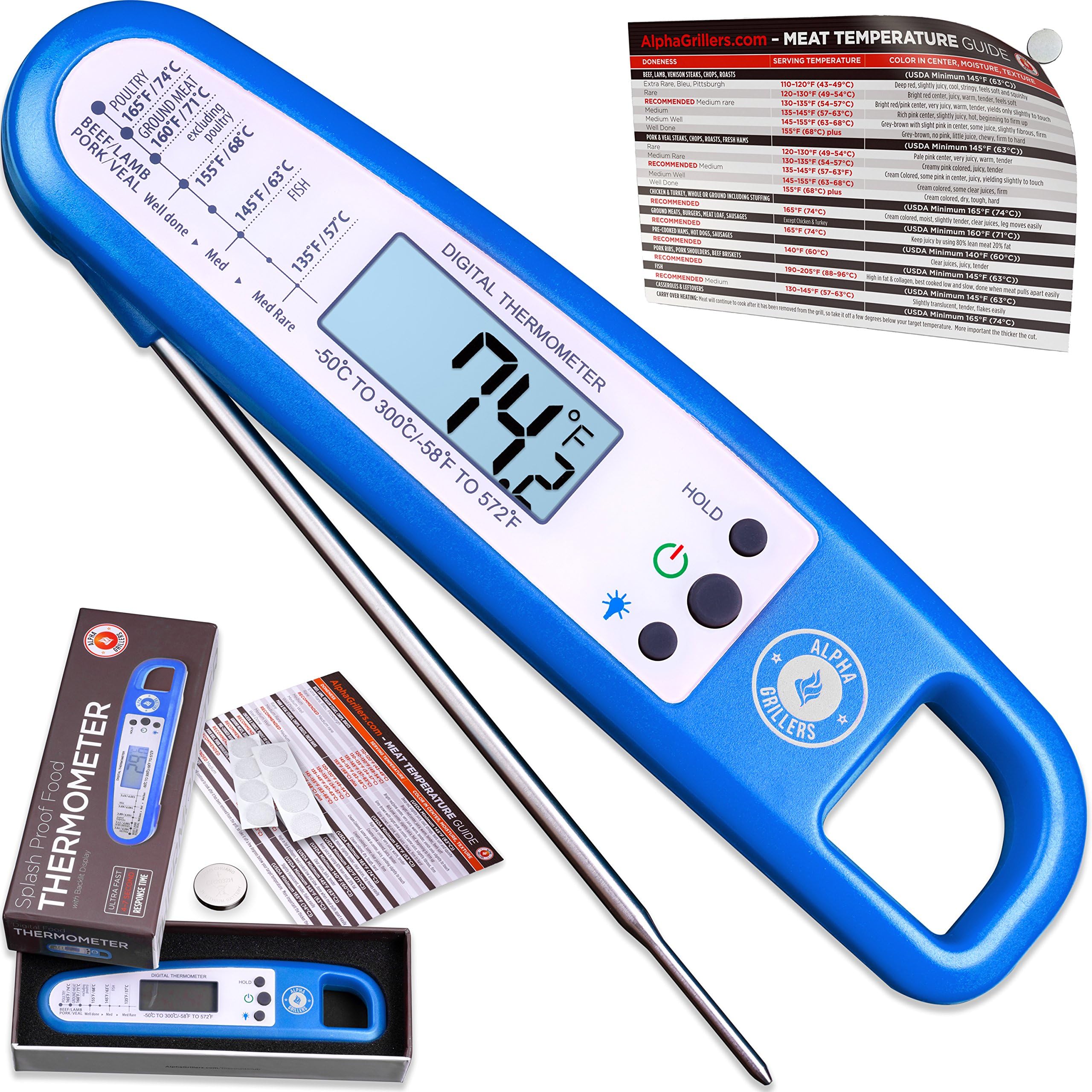 Instant Read Thermometer with Backlight for Meat & Cooking. Sold in Elegant Gift Box. Best Ultra Fast Digital BBQ Food Probe. Includes Internal Barbecue Meat Temperature Guide. by Alpha Grillers