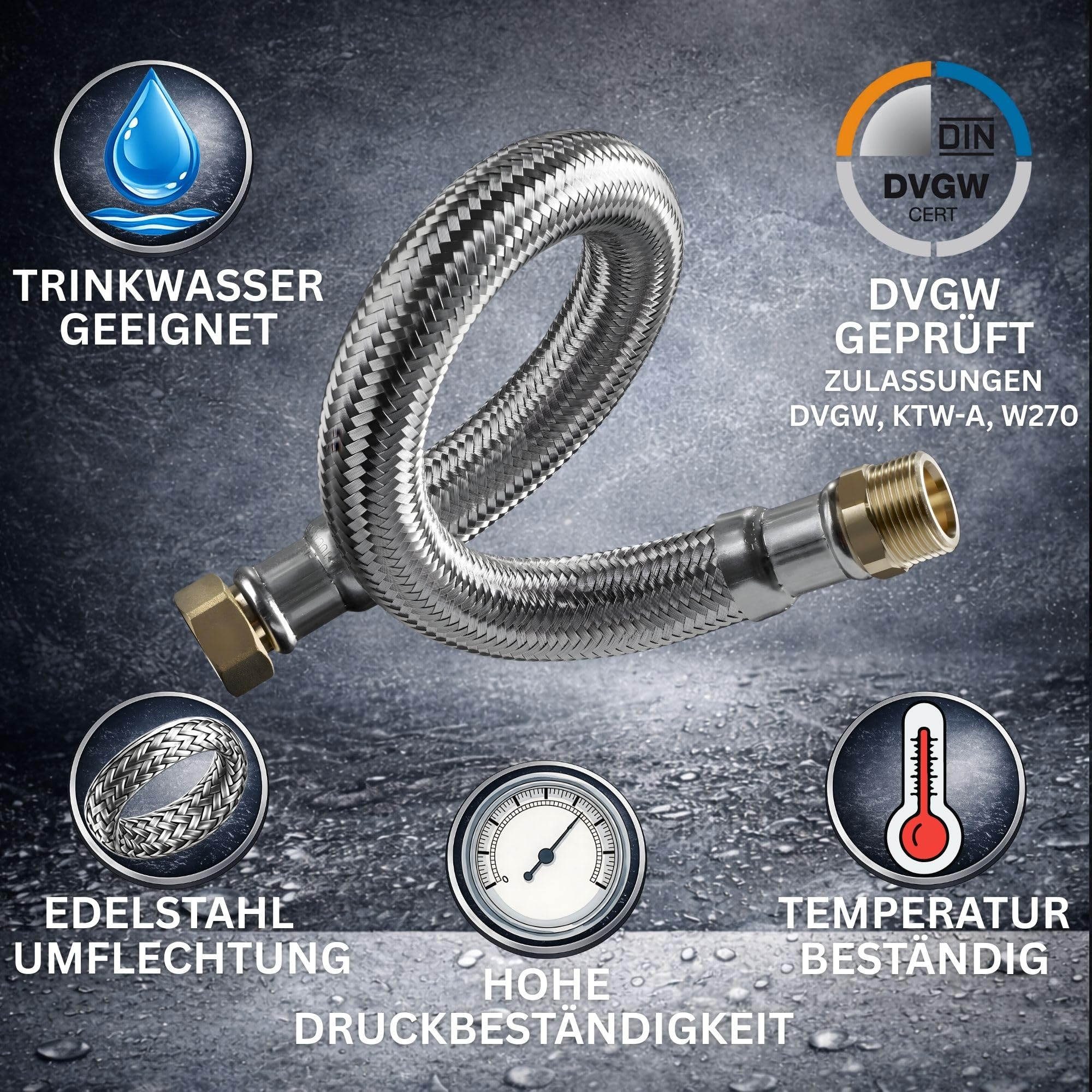 DVGW gep. Panzerschlauch 3/4 Zoll DN20 DN19 Edelstahl Flexschlauch Wasseranschluss Heizung Enthärtungsanlage mit Edelstahlumflechtung | 150 cm Überwurfmutter x Außengewinde