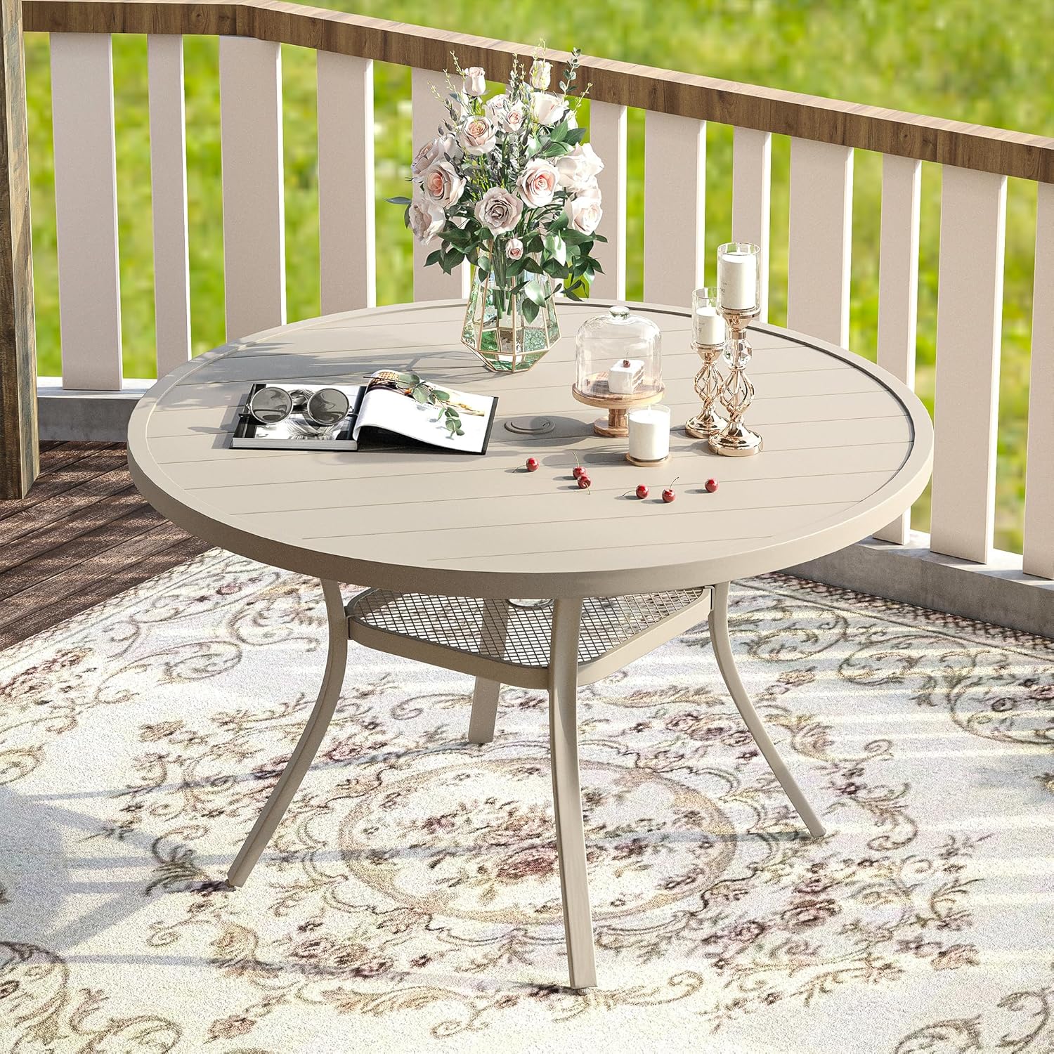 VICLLAX 47.2" Outdoor Round Patio Table for Lawn Garden, All Weather Metal Round Outdoor Dining Table with Adjustable Umbrella Hole, 6 Person Patio Table, Sandshell Tabletop