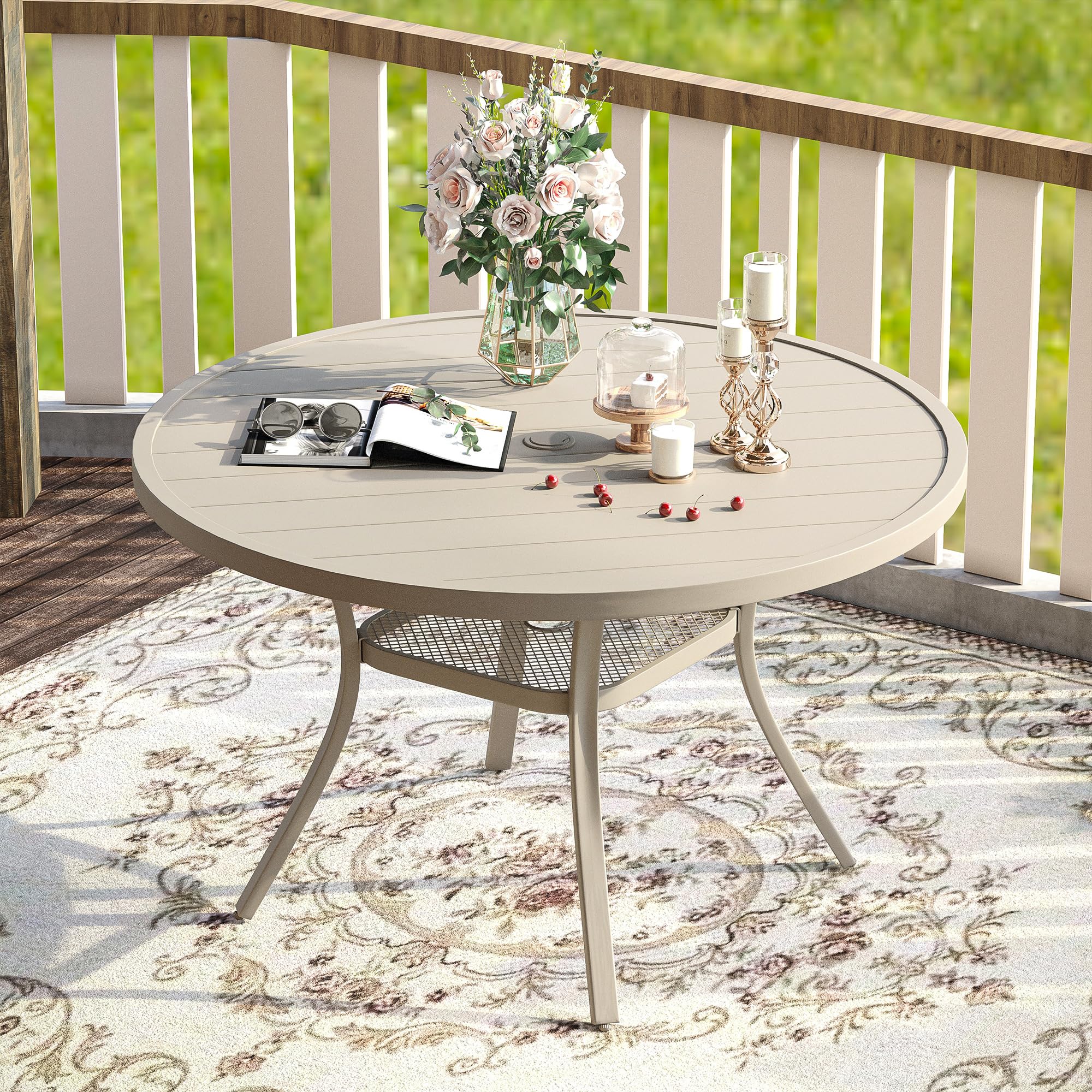 VICLLAX 47.2" Outdoor Round Patio Table for Lawn Garden, All Weather Metal Round Outdoor Dining Table with Adjustable Umbrella Hole, 6 Person Patio Table, Sandshell