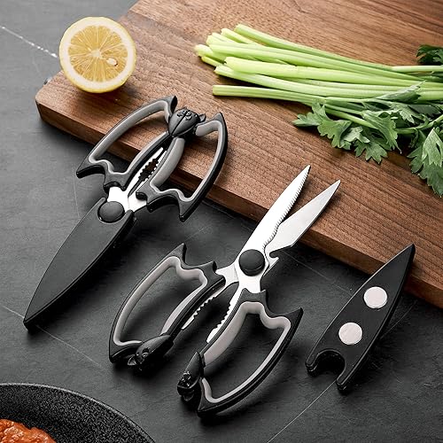 Vista 17 de Tijeras de cocina multiusos, paquete de 3, tijeras de cocina de acero inoxidable resistentes para cortar carne, alimentos, pescado, aves de corral