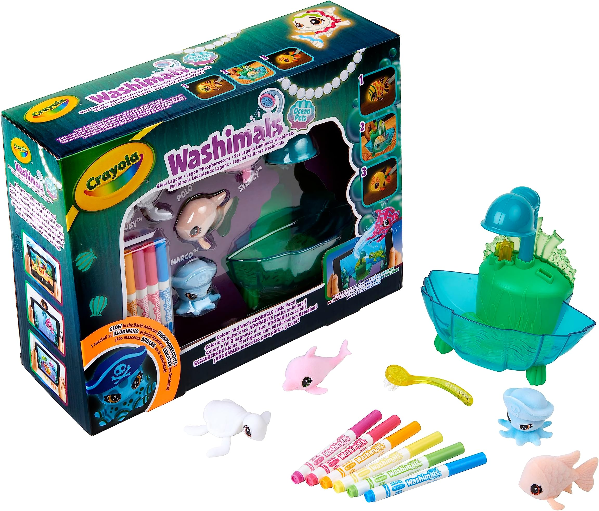 Washimals Pets - Ocean Glow Lagoon Playset | Colour Your Own Washimal Pets Again and Again | Includes 6 Washable Markers | Ideal for Kids Aged 3+