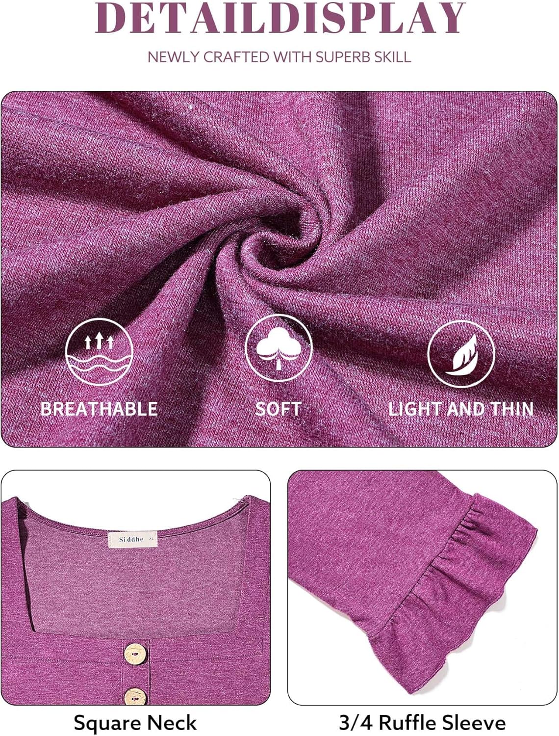 Siddhe Womens Plus Size Tops 3/4 Ruffle Sleeve Loose Fit Blouses Button Square Neck Shirt Casual Pleated Tunic Tops(1X-5X) - Image 5