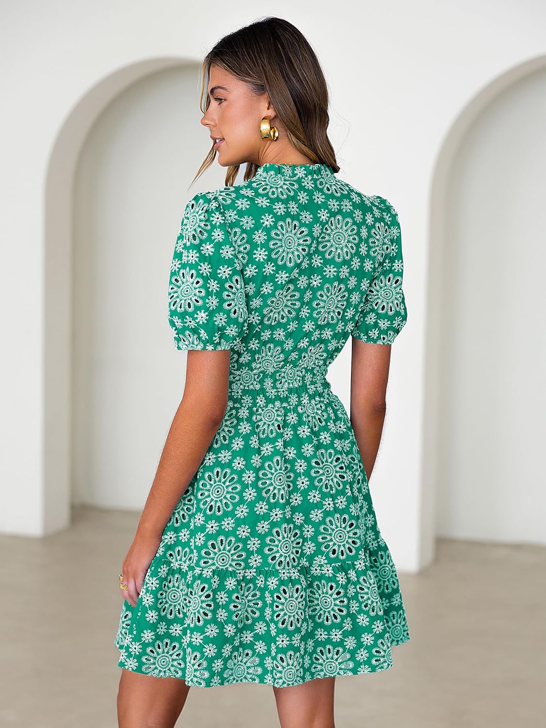 BerryGo Womens Summer Eyelet Mini Dress Beach Casual Embroidery Lace Puff Short Sleeve V Neck Boho Party Short Dresses - Image 3