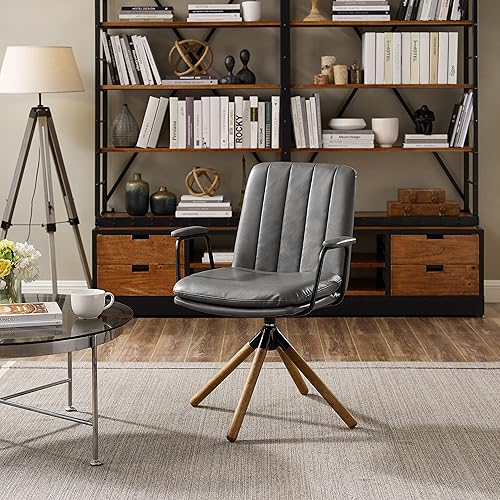 Miniatura 32 de Art Leon Silla moderna de mediados de siglo, silla giratoria con patas de roble sin ruedas, sillón de piel sintética para espacios pequeños, hogar,