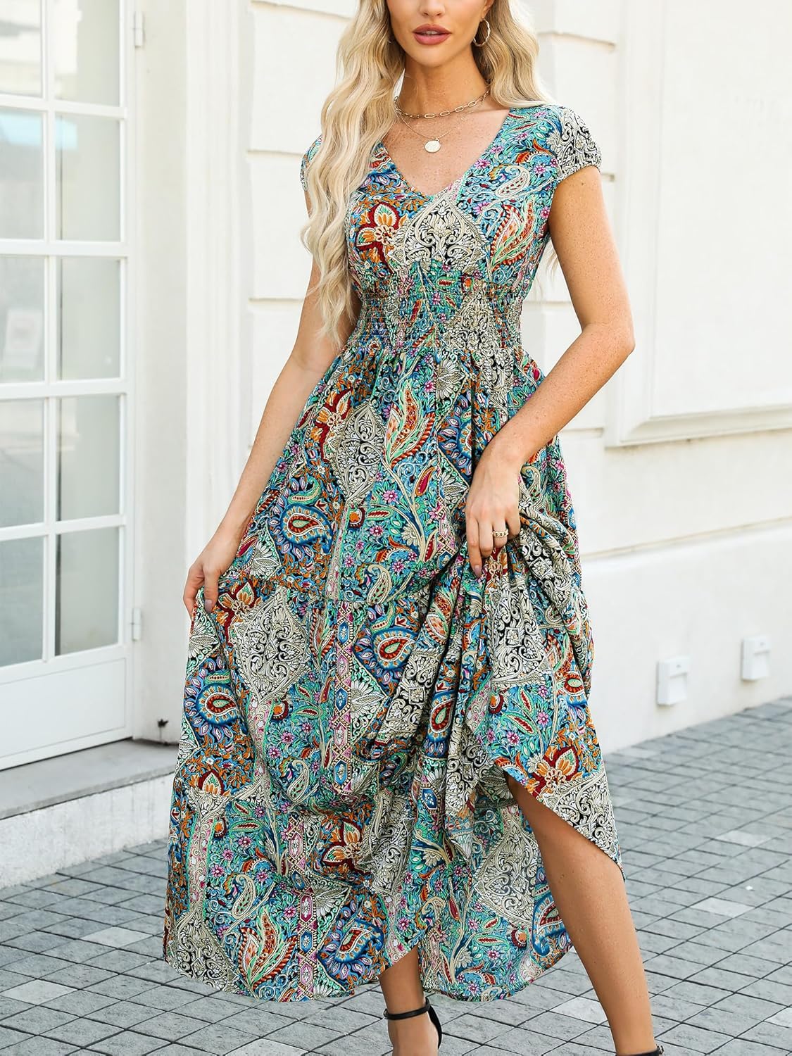 CUPSHE Women's Boho Paisley Maxi Dress V Neck Cap Sleeve Smocked Ruffled A Line Long Summer Dresses - Image 5