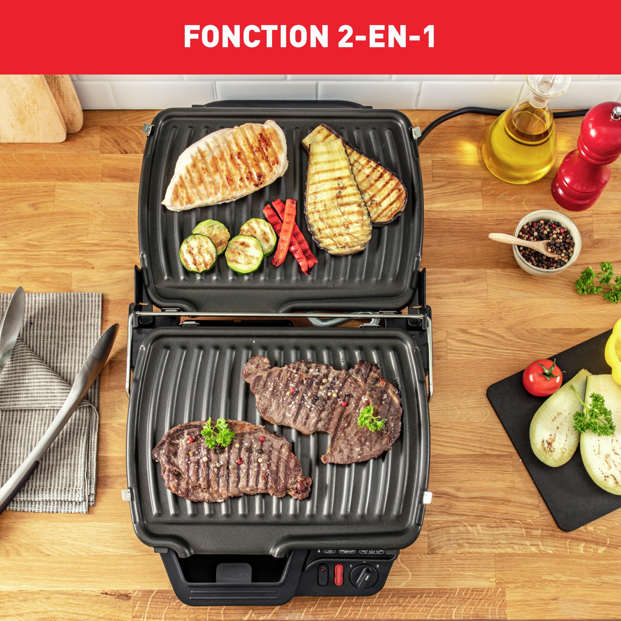 Tefal GC305012 Ultra Compact Grill électrique, Position barbecue, 2000 W, Cuisson saine, Plaques antiadhésives compatibles lave-vaisselle, Bac de récupération des jus, Noir, Métallique, Titane