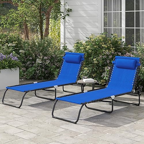 Vista 65 de Outsunny Tumbona plegable, silla de bronceado para patio, tumbona para exteriores con respaldo reclinable de 4 posiciones, asiento de malla Blanco
