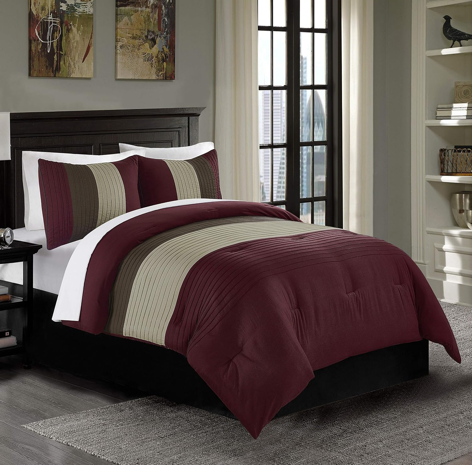Chezmoi Collection Harper 3-Piece Luxury Striped Comforter Set (King, Burgundy/Brown/Coffee)