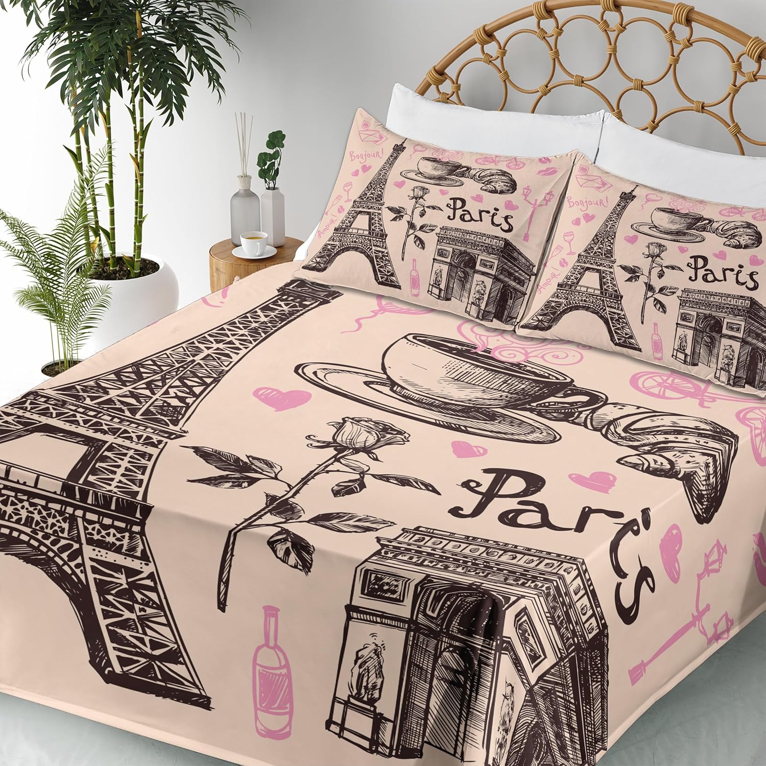 Ambesonne Eiffel Tower Sheet Set, Paris Eiffel Tower Bakery Delicious Croissant Traditional Floral Design, Fitted and Flat Sheet with Pillowcases Bedding Accent 4 Piece Set, Queen, Pink Dark Brown