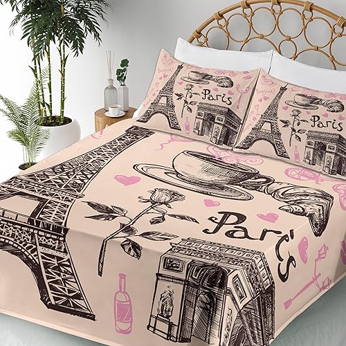 Miniatura 5 de Ambesonne Juego de sábanas de la Torre Eiffel, diseño floral tradicional de croissant de la Torre Eiffel de París, sábana bajera y encimera con