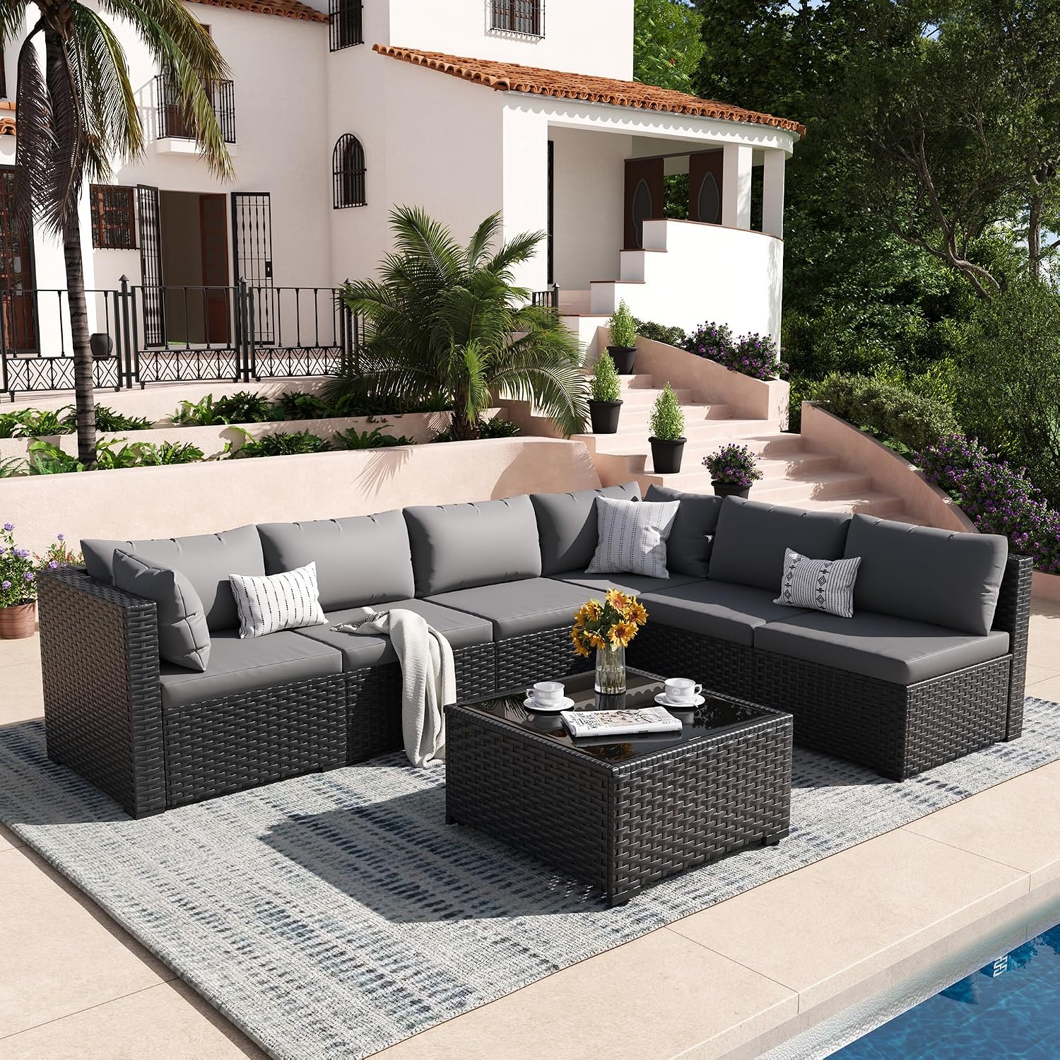 Patio Furniture Set, 7-Piece Outdoor Sectional All-Weather Wicker Patio Conversation Set for Backyard, Garden, Grey