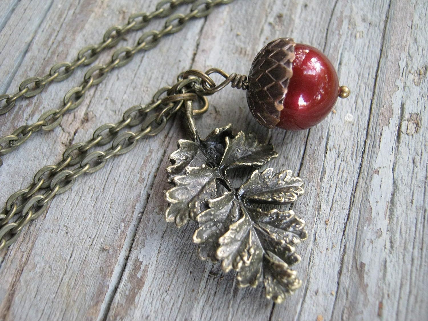 Personalized Acorn Necklace, Designer Faux Pearl Necklace, Antiqued Bronze Leaf Branch Jewelry, Autumn - Image 5