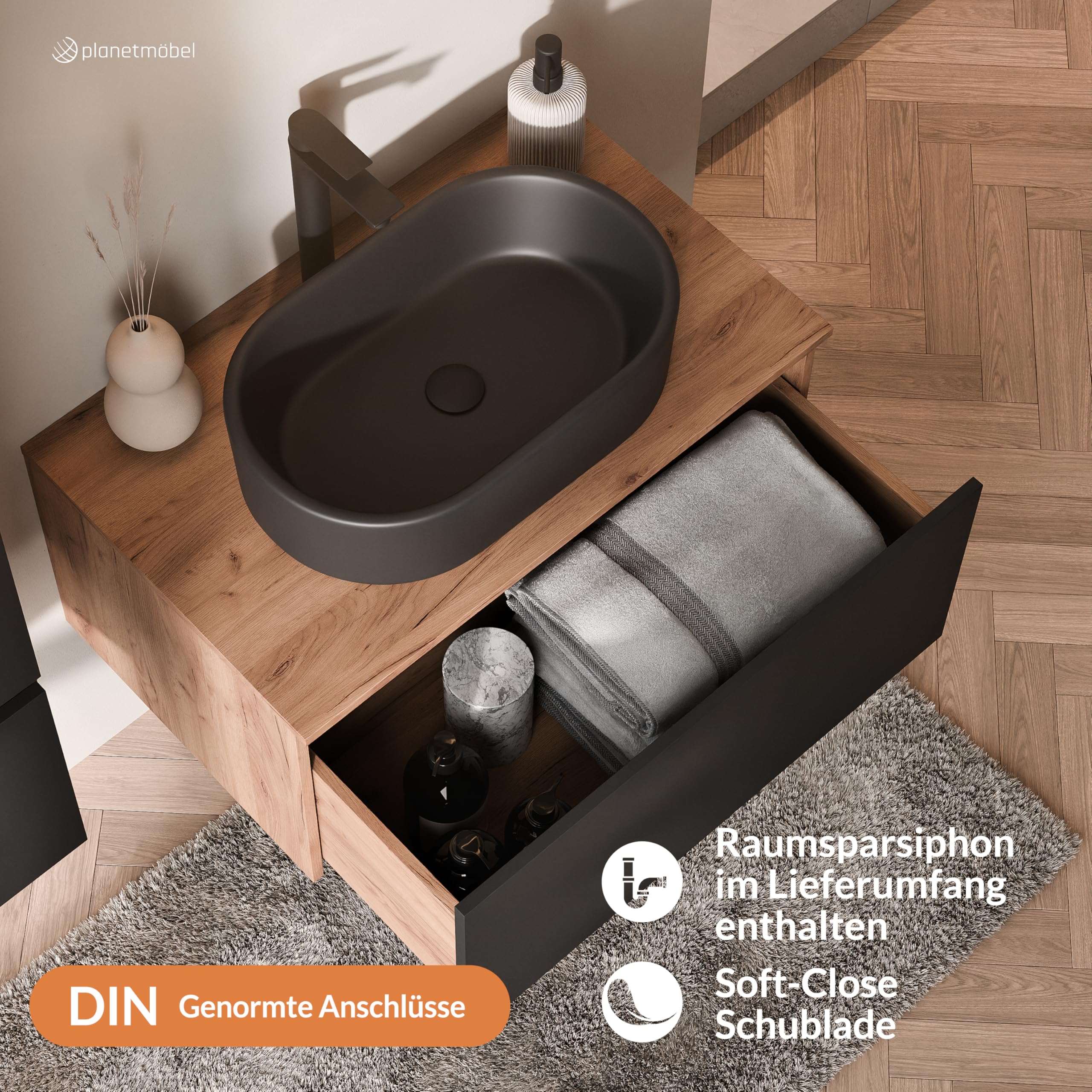 Planetmöbel Arisa Badmöbel Set Waschtisch mit Unterschrank 80 cm Gold Eiche schwarz mit LED Spiegel, Waschbecken 55 cm schwarz, inkl. Raumsparsiphon