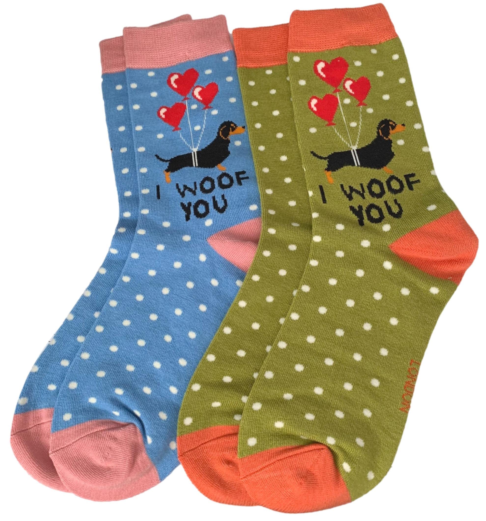 Purple Possum® Sausage Dogs Socks Ladies Dachshund Dog Bamboo Cotton Blend Dachshunds Socks (2 Pack Green and blue) Size 4-7