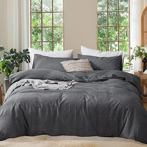 Miniatura 93 de MooMee - Juego de funda de edredón, 100% algodón lavado, textura parecida al lino, transpirable, duradero, suave y cómodo