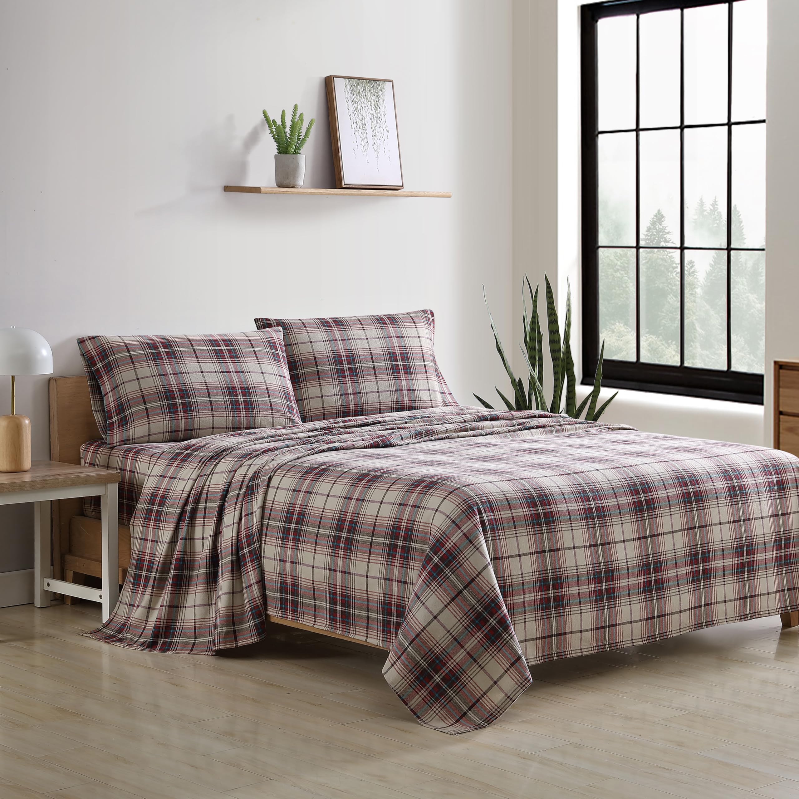 Sábanas de tamaño Queen, juego de cama de franela de algodón, cepillado para mayor suavidad, acogedora decoración para el hogar (Montlake Plaid, tamaño Queen) 2