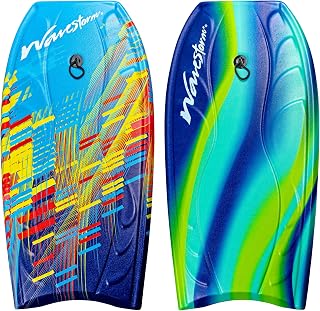 Wavestorm 40" Bodyboard 2-Pack - Soft Foam EPS Core, Contour Deck, Leash Included - Blue/Red & Blue/Yellow for Beginners