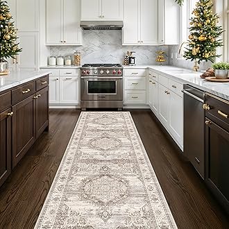 3x12 Long Hallway Runner Rugs : Machine Washable Non-Slip Ktichen Runners Vintage Indoor Soft Table Runners for Bedroom Living Room Thin Carpet for Dining Room Entranway (Beige,3x12)