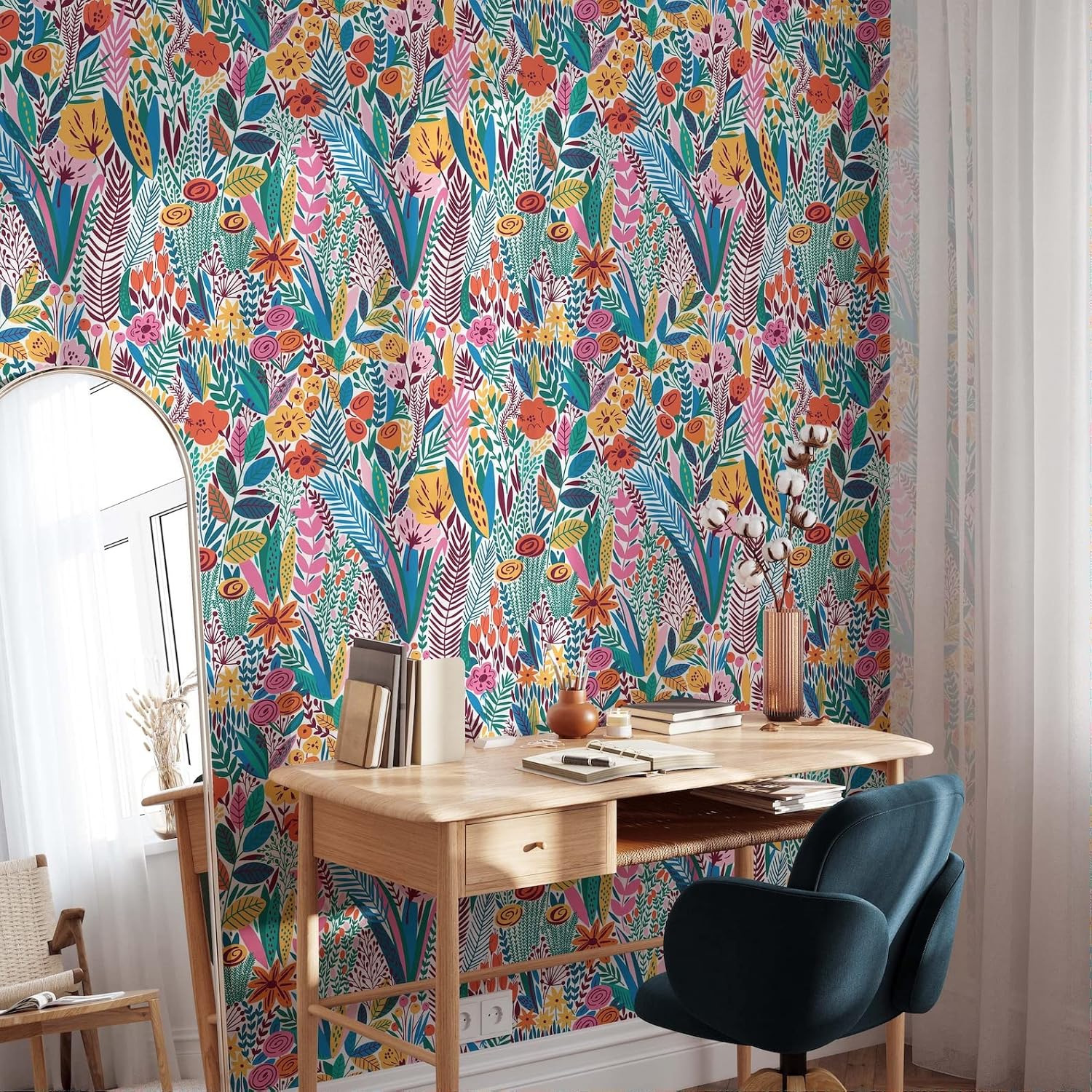 Scandinavian Floral Wallpaper | Removable Self Adhesive Botanical Wallpaper | Colorful Peel and Stick Wallpaper (1 roll 24" W x 96" H)
