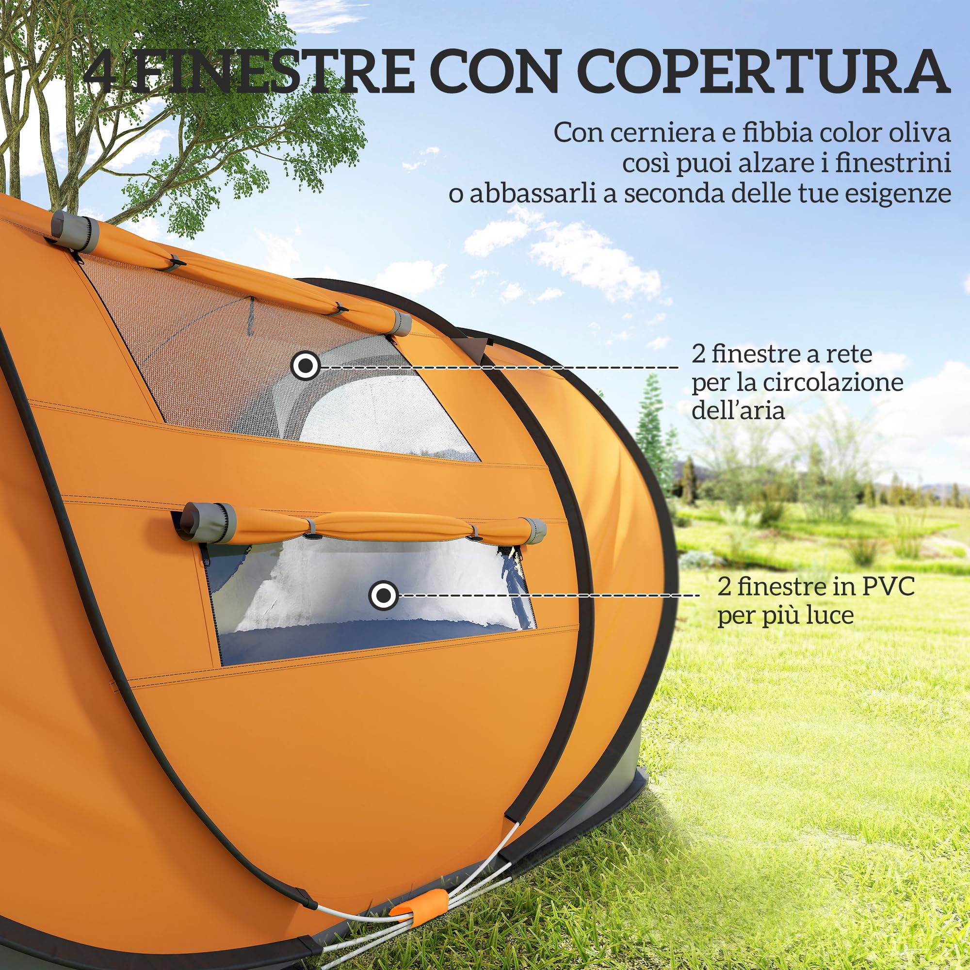 Outsunny Tenda da Campeggio Pop Up 4 Persone 2000mm Anti UV 20+ 263.5x220x123 cm Arancione
