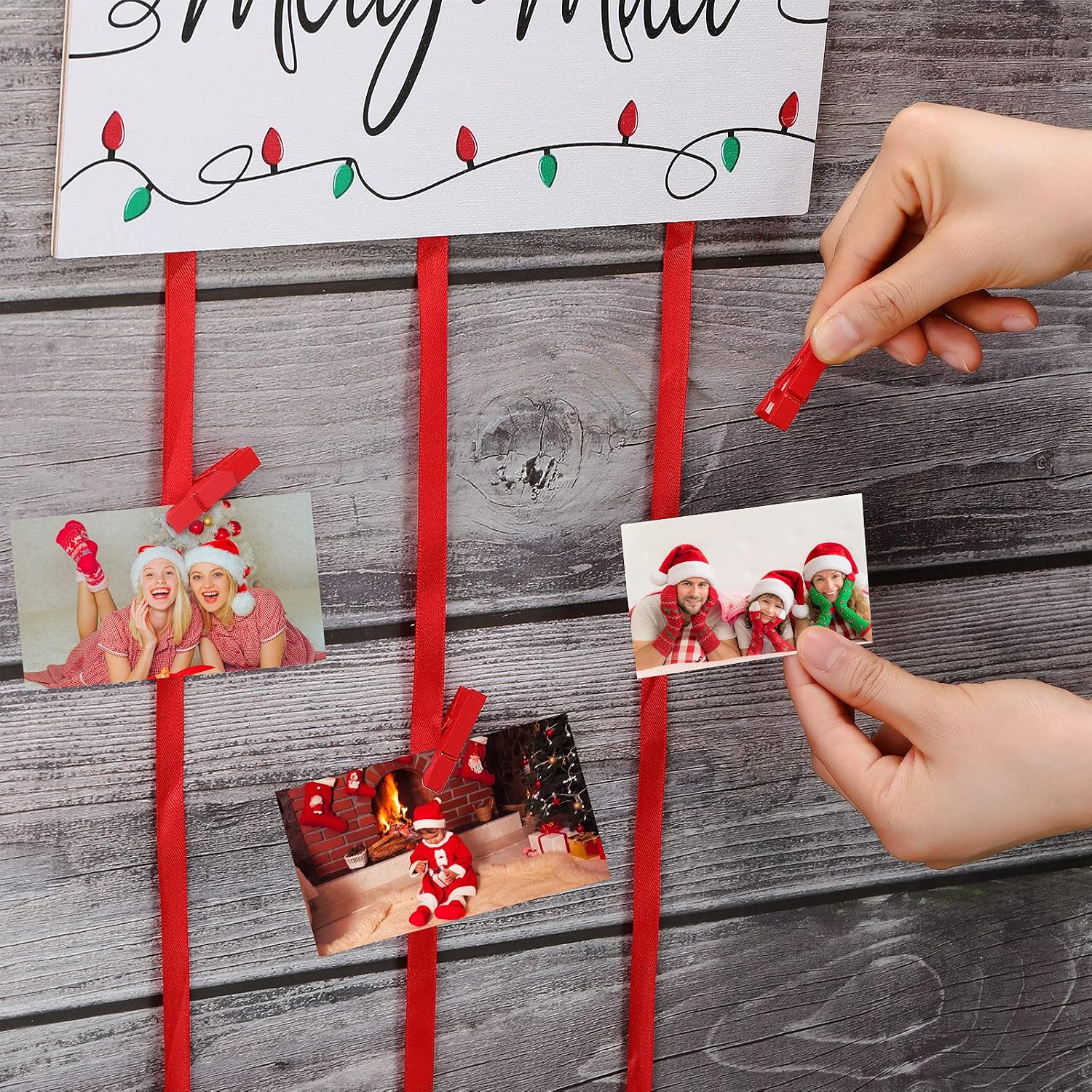 Marsui Christmas Card Holder Wood Wall Display with 20 Red Clips Decor