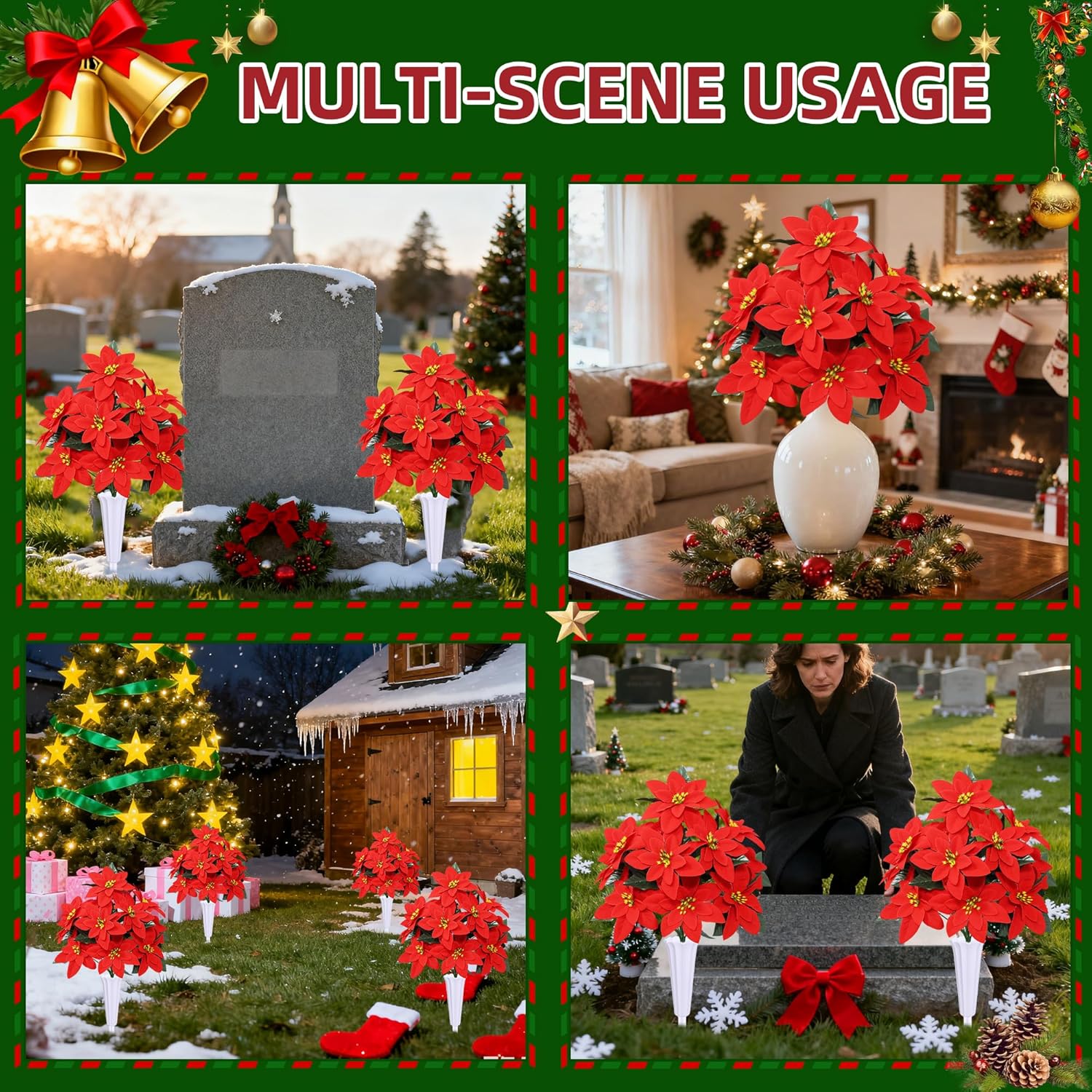 Lodou Christmas Artificial Cemetery Flowers for Grave,Outdoor Grave Decorations,Beautiful Arrangements Bouquet with Cemetery Vase (Red)