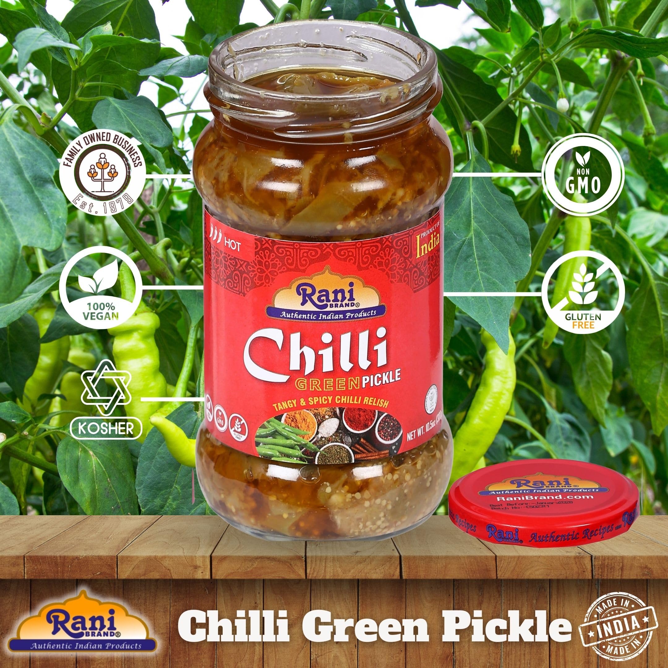 Rani Green Chilli Pickle Hot (Achar, Spicy Indian Relish) 10.5oz (300g) Glass Jar ~ Vegan | Gluten Free | NON-GMO | Kosher | No Colors | Popular Indian Condiment, Indian Origin