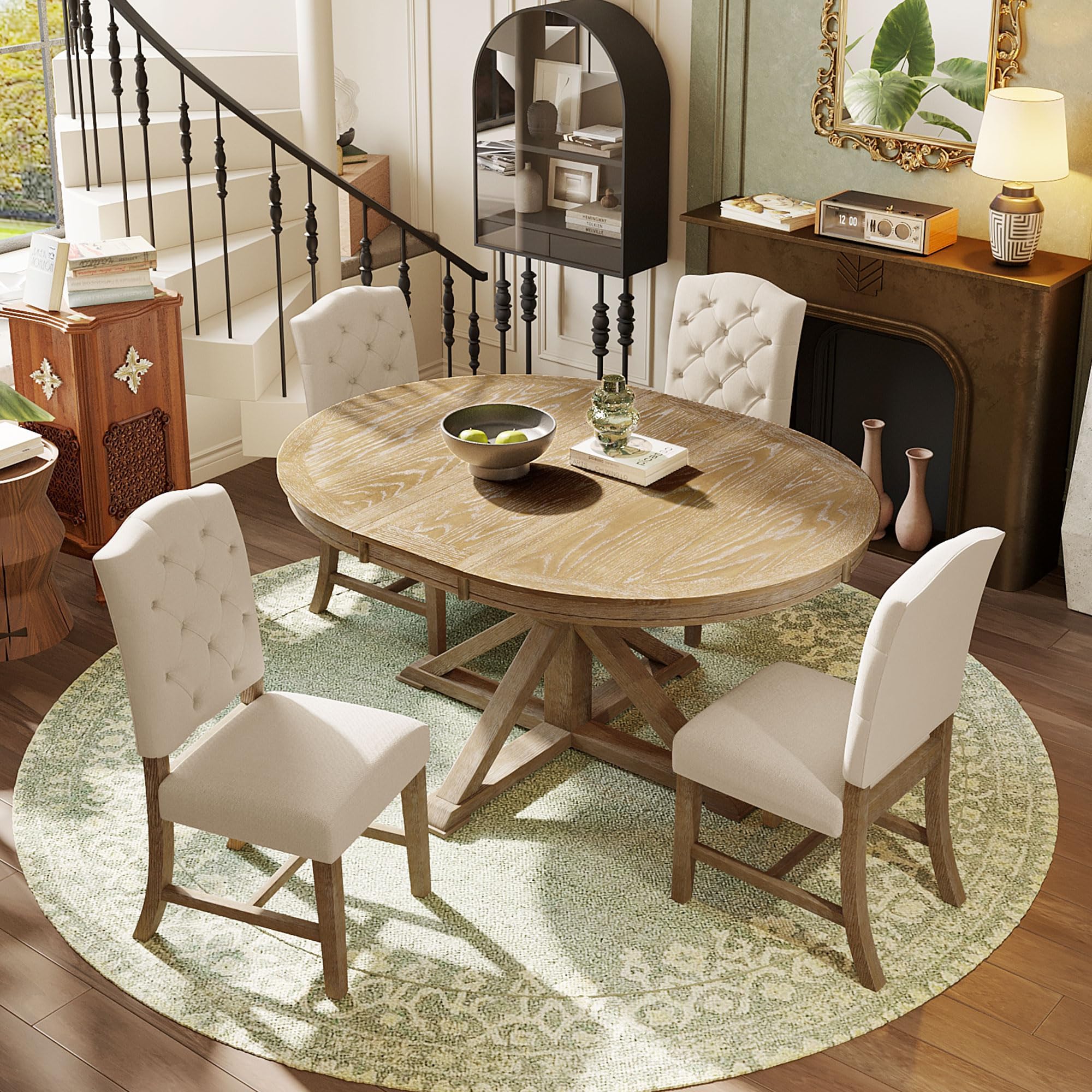 Amazon.com - Merax 5 Piece Round Dining Table Set with Upholstered Chairs in Natural Wood Wash ...