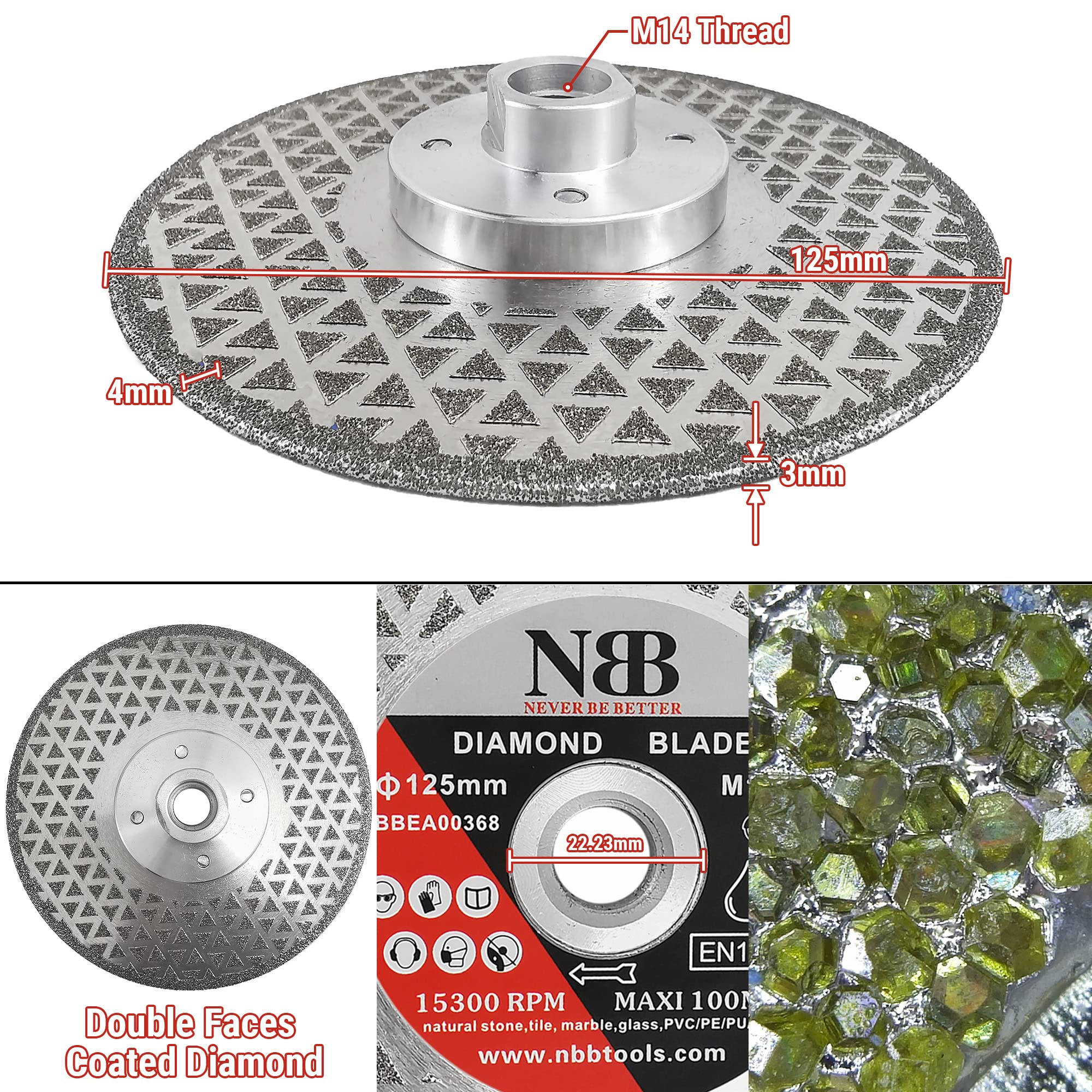 NBB Disco de corte de diamante electrochapado sierra diamantada doble cara recubierta de diamante 2 en 1 profesional para cortar mármol granito cerámica porcelana conexión con rosca M14 (2, 125mm/5”)