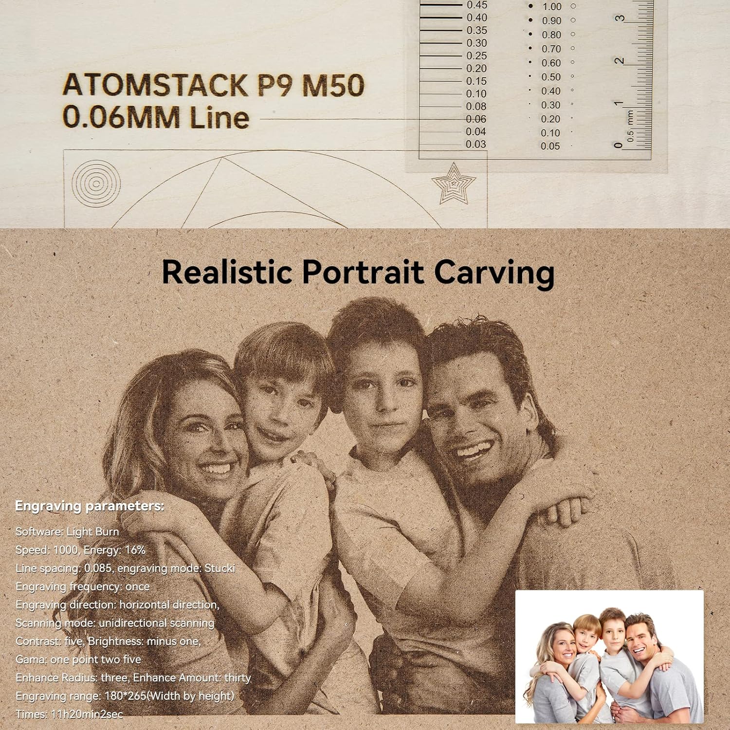 Diagram illustrating the fixed focus laser technology of ATOMSTACK P9 M50, showing a smaller, more precise laser spot compared to others.