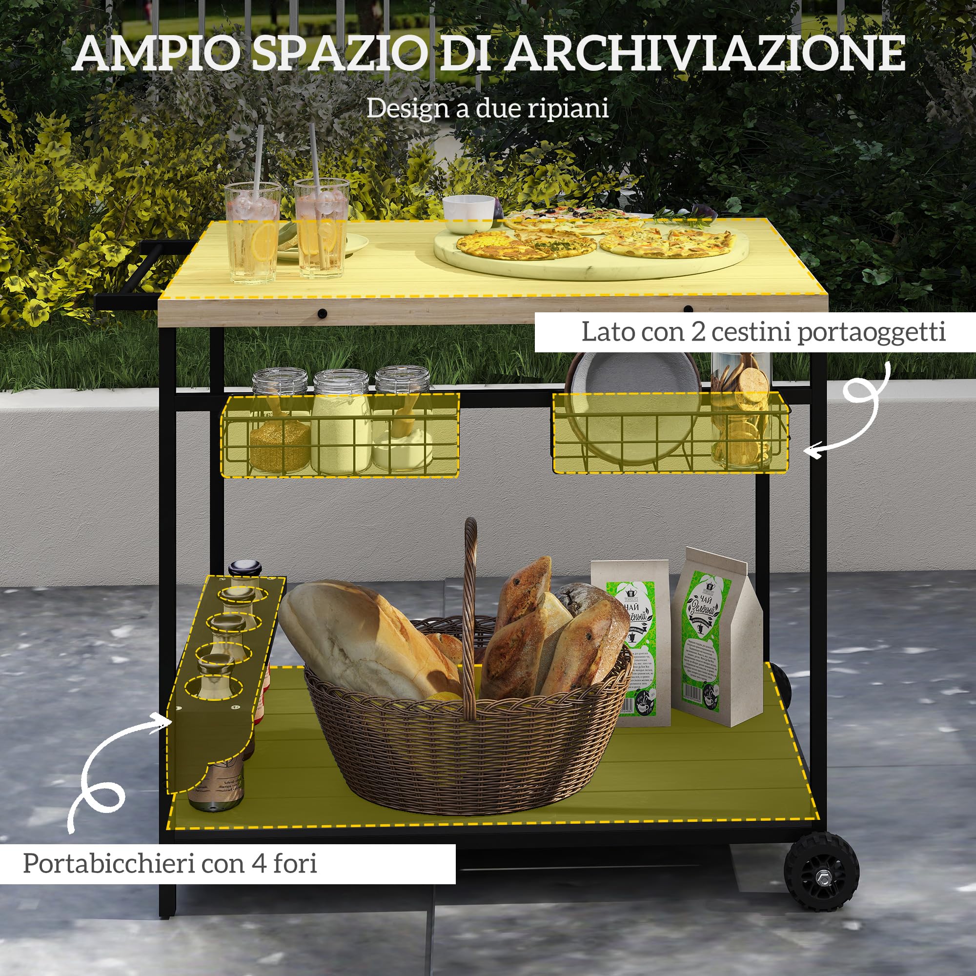 Outsunny Carrello da Giardino 2 Ripiani Legno Abete 97.5x65x81 cm Nero